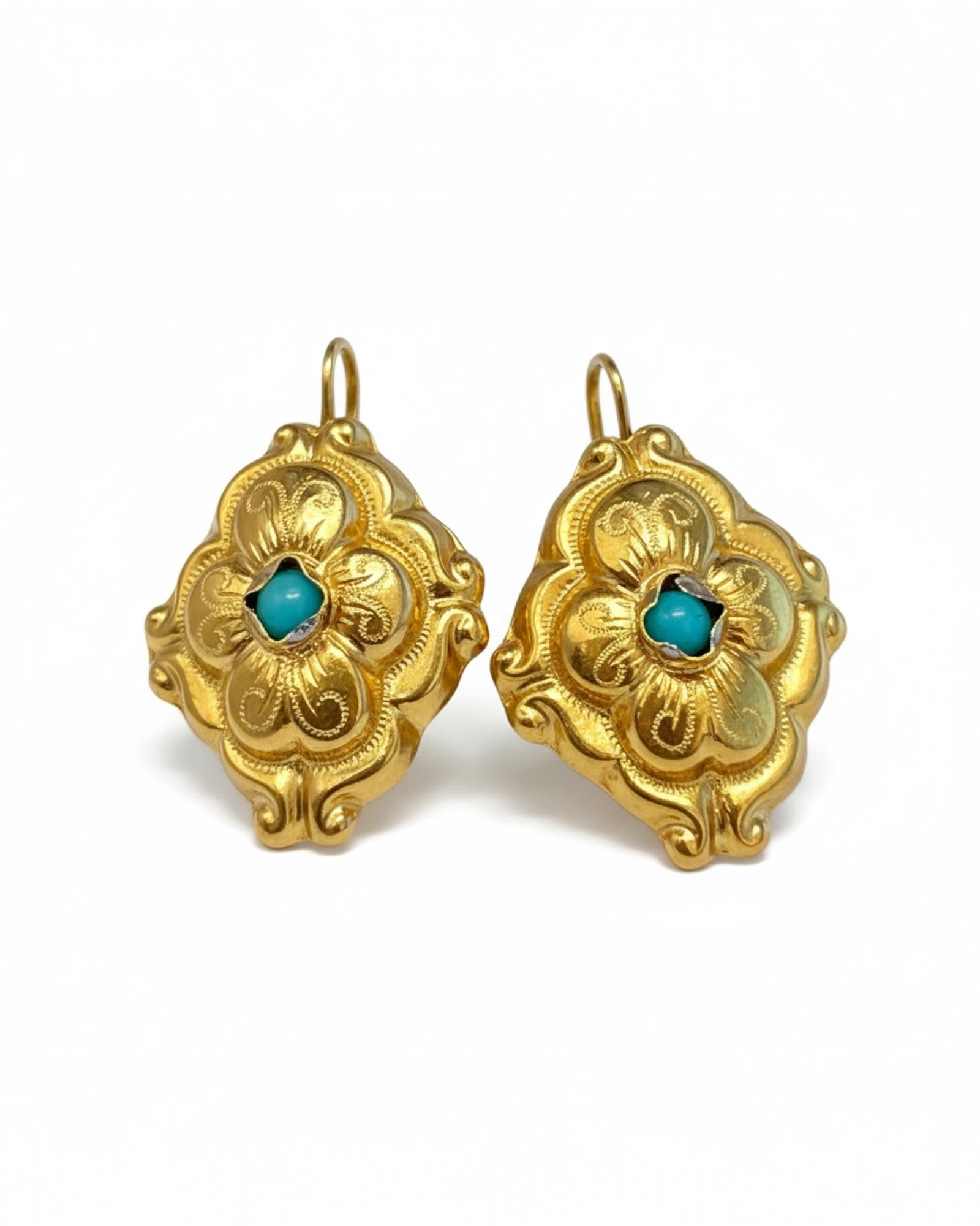 Brincos Barrocos com Pedra Azul Turquesa em Prata Dourada