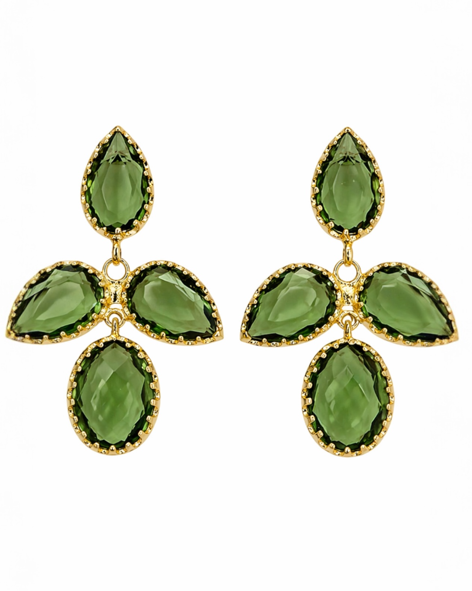 Brincos Gotas Verdes Claras em Prata Dourada