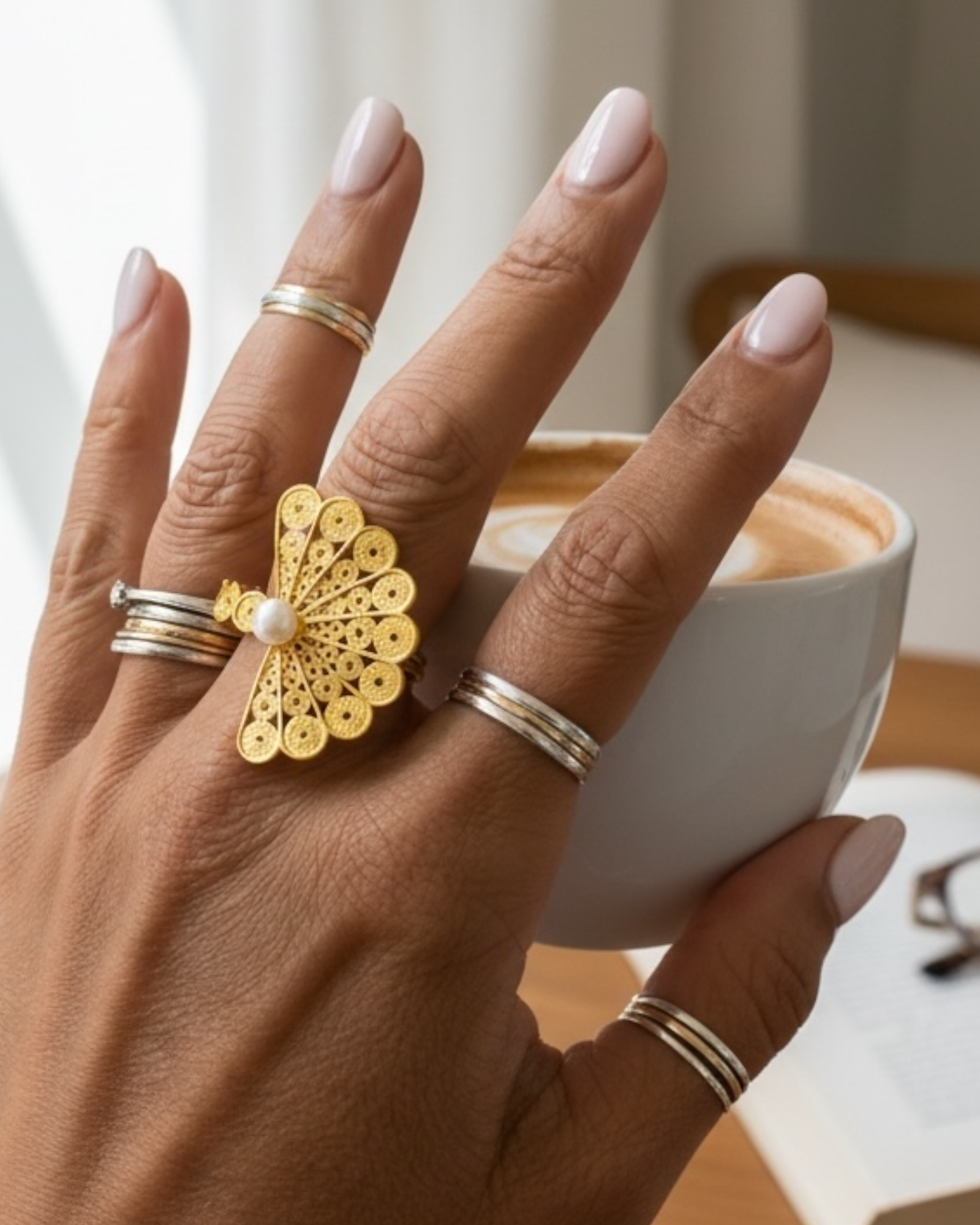 Anel Leque Filigrana em Prata Dourada