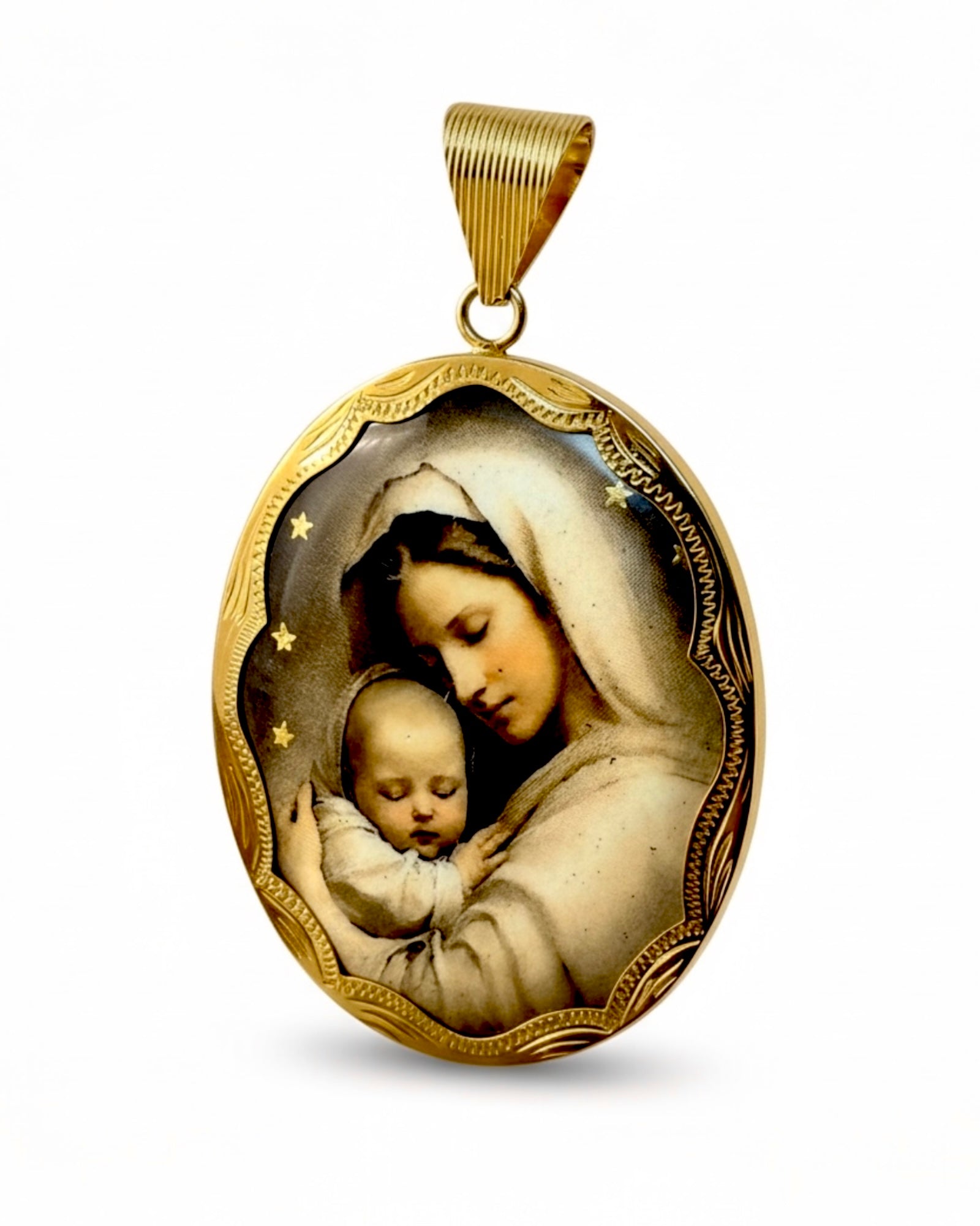 Medalha Mãe Divina com Esmalte a Cores Claras em Prata Dourada