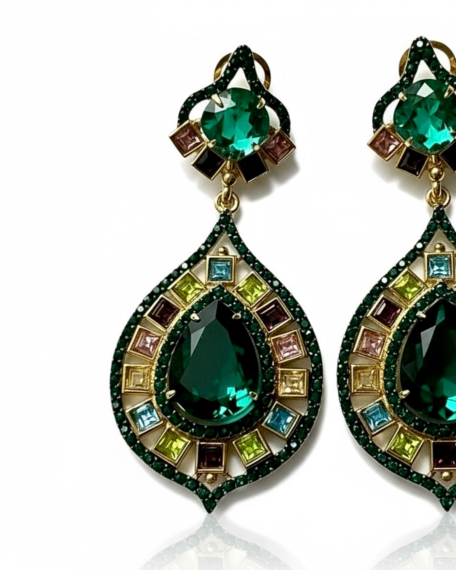 Drop Earrings with Pink and Green Stones in Gold-Plated Silver