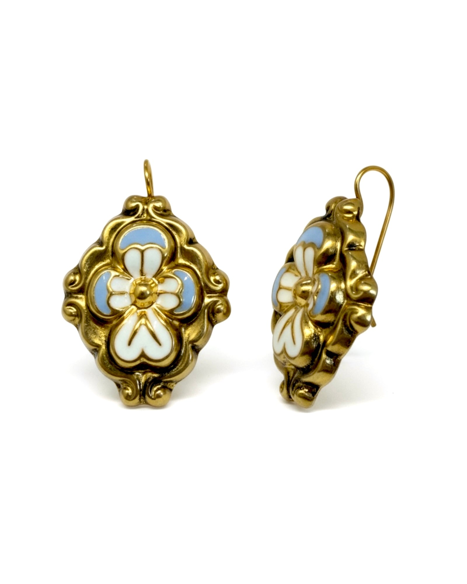 Light Blue Baroque Earrings with Gold-Plated Silver Flowers