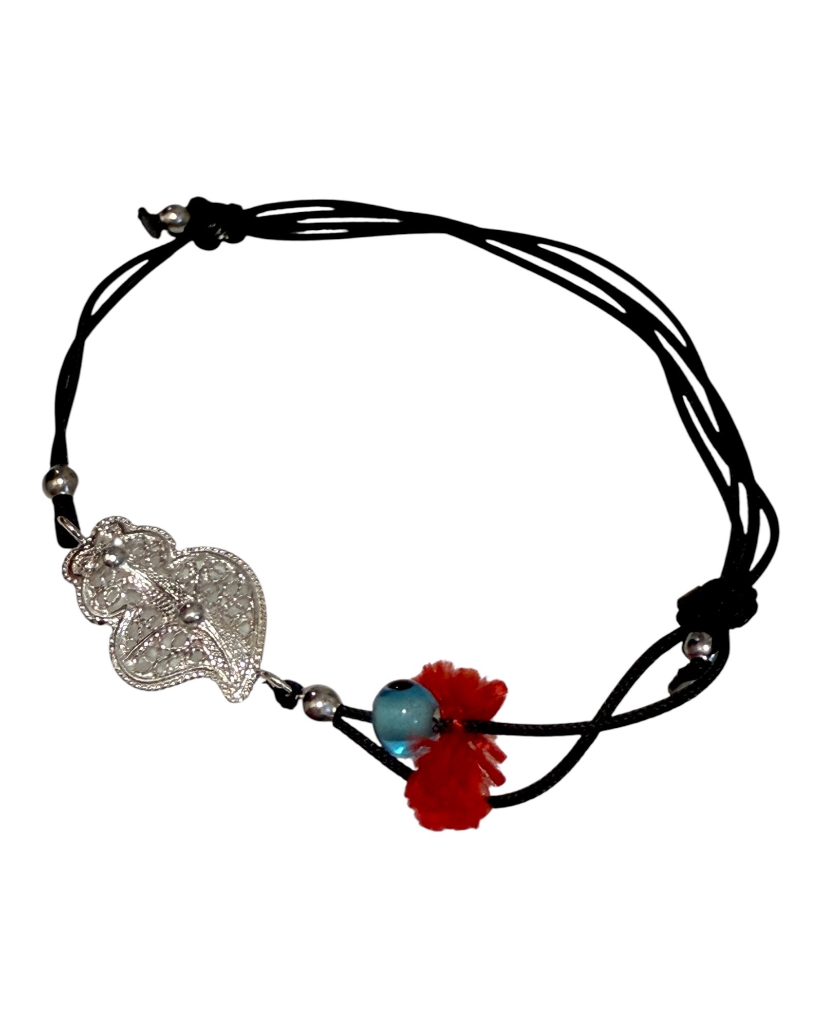 Pulseira Seda com Coração de Viana e Olho em Prata Branca