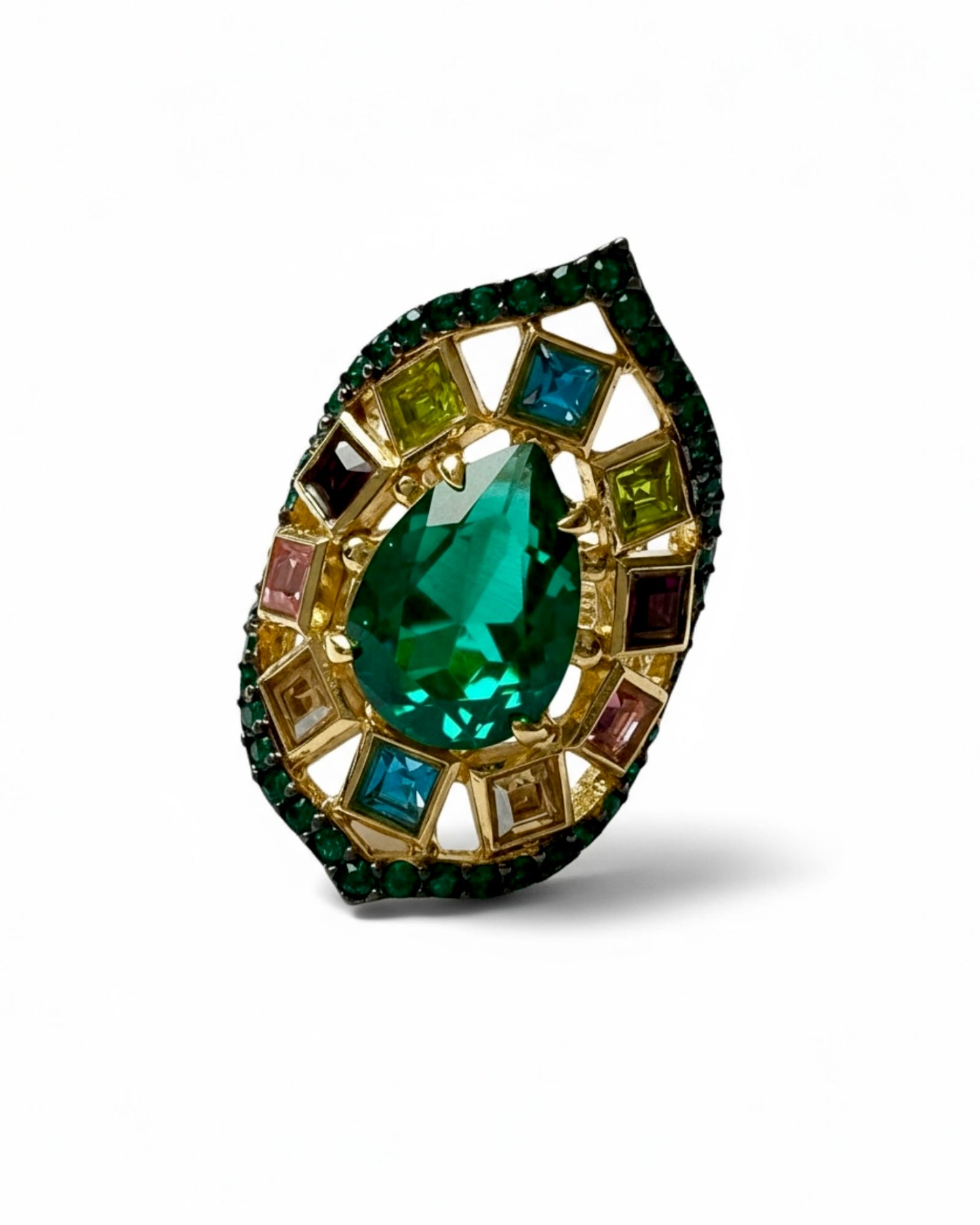 Anel Gota Pedras Verdes e Rosas em Prata Dourada