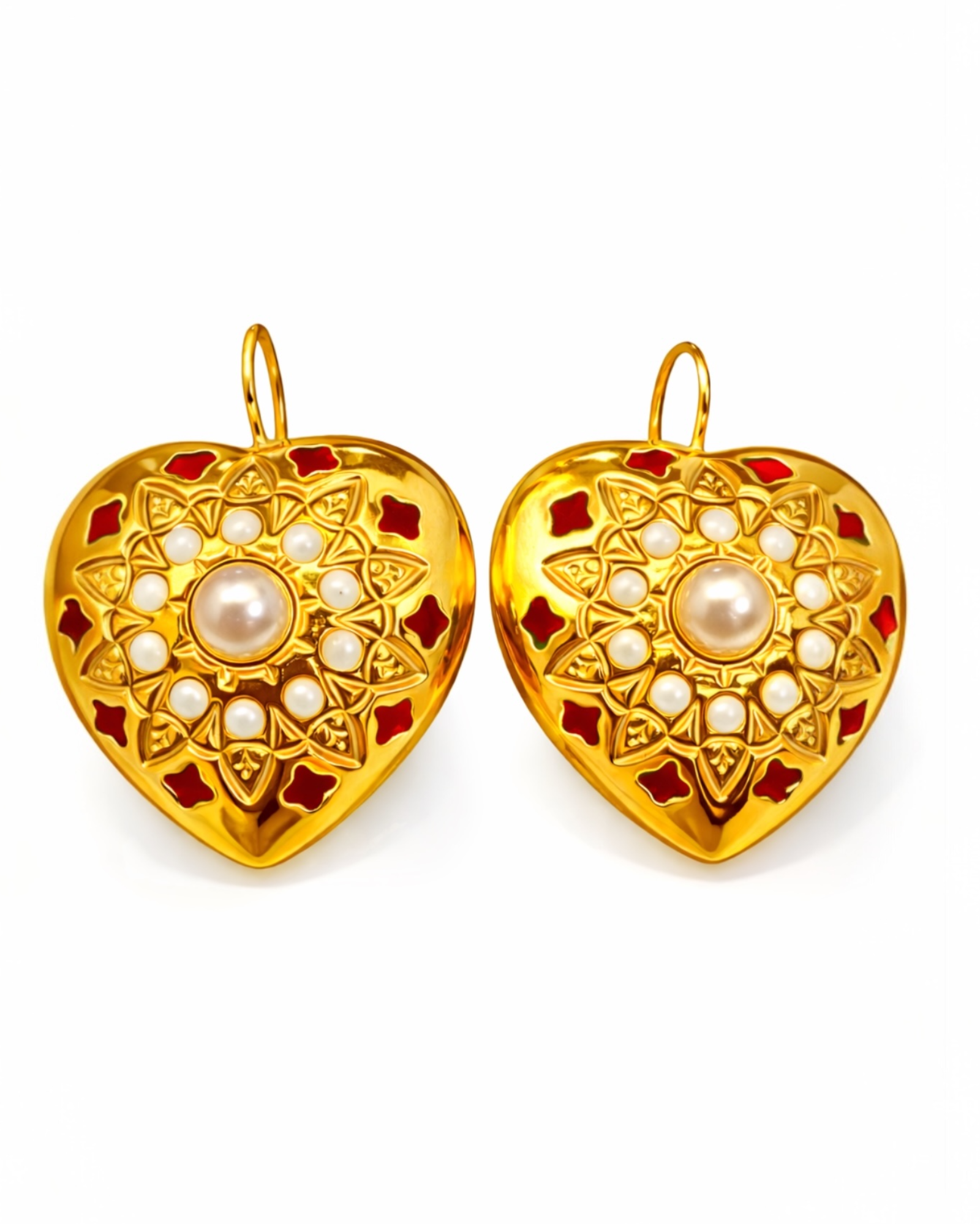 Red Heart Earrings with Pearl in Gold-Plated Silver
