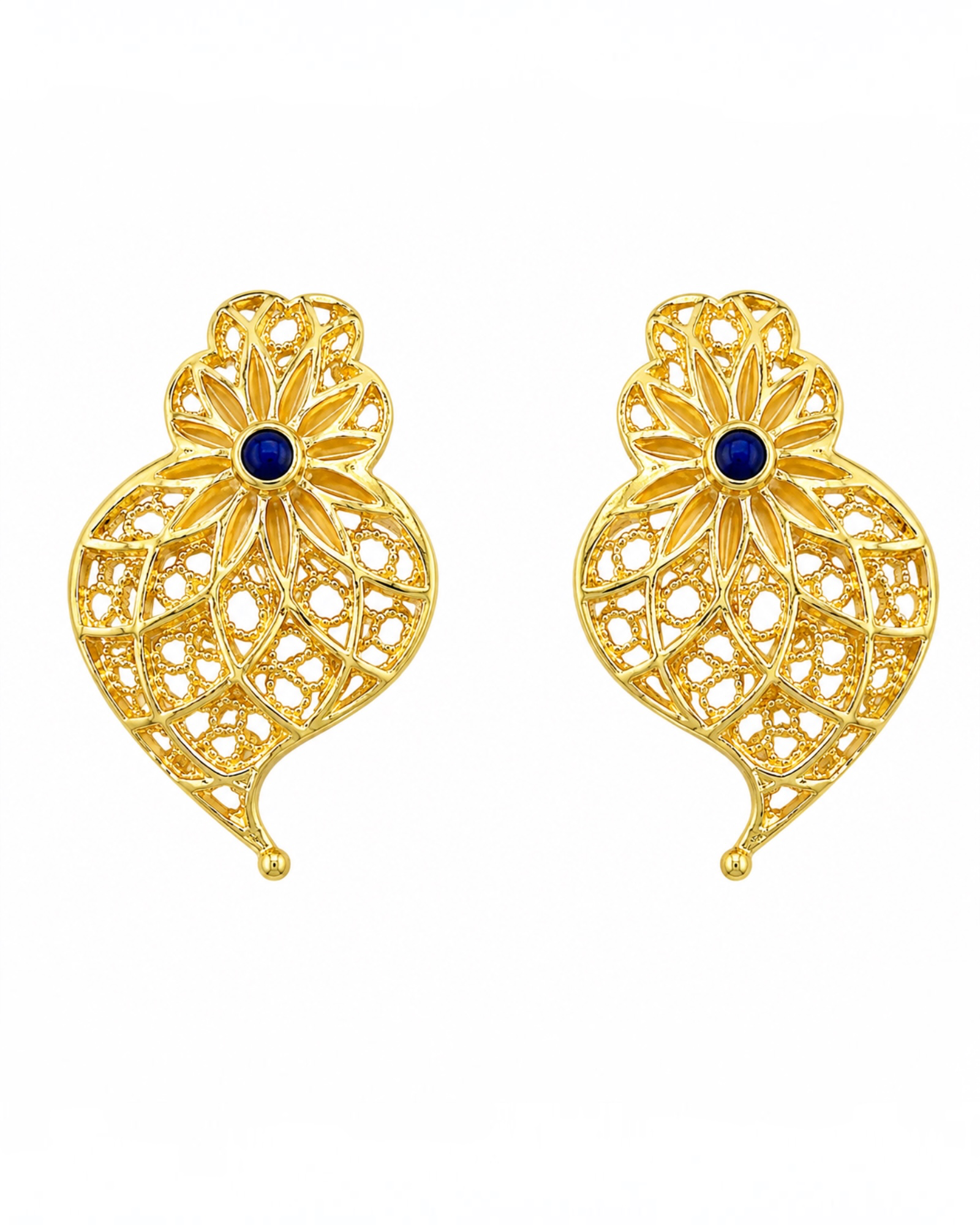 Brincos Coração de Viana com Esmalte Azul em Prata Dourada