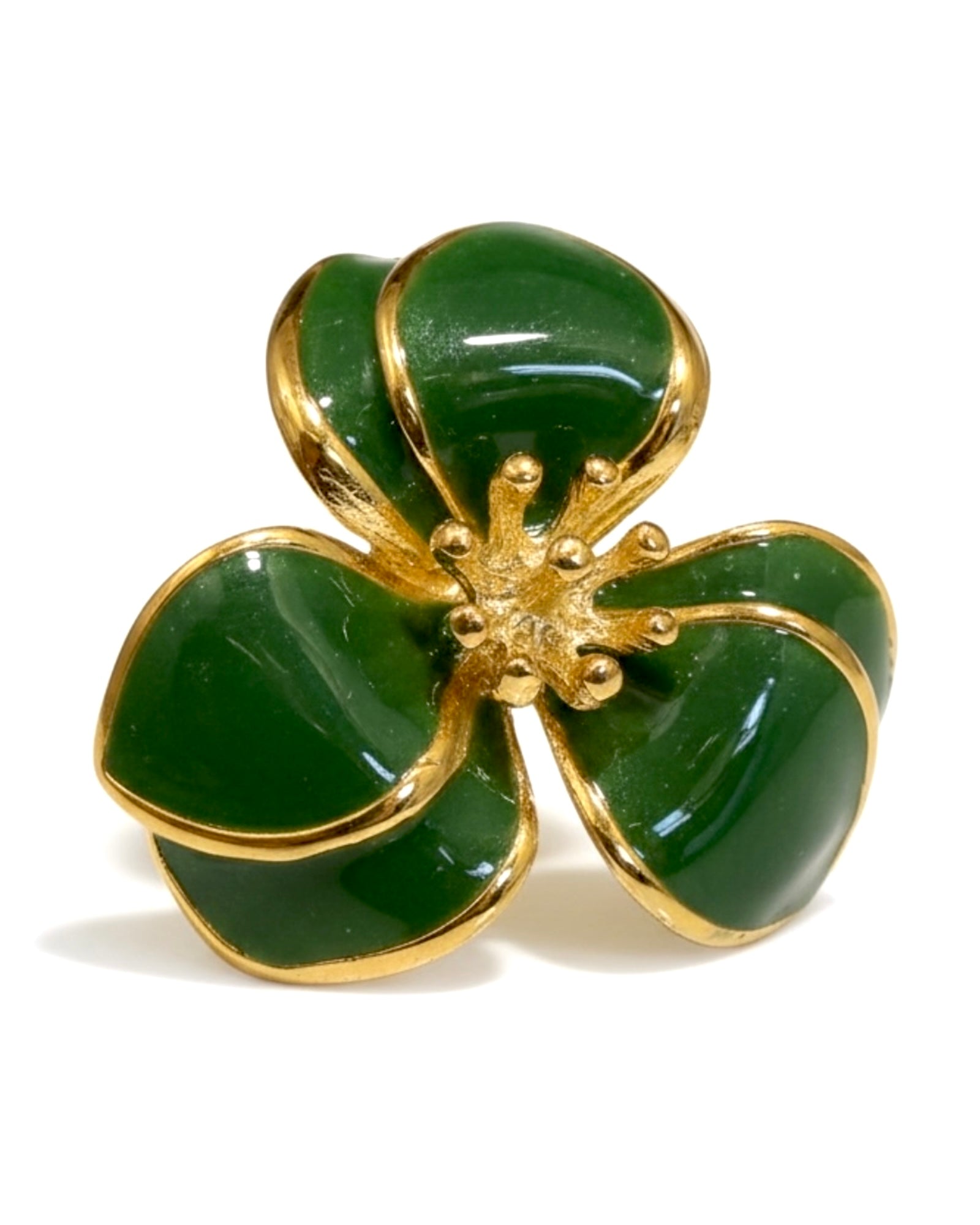 Anel Flor Pedra Verde em Prata Dourada