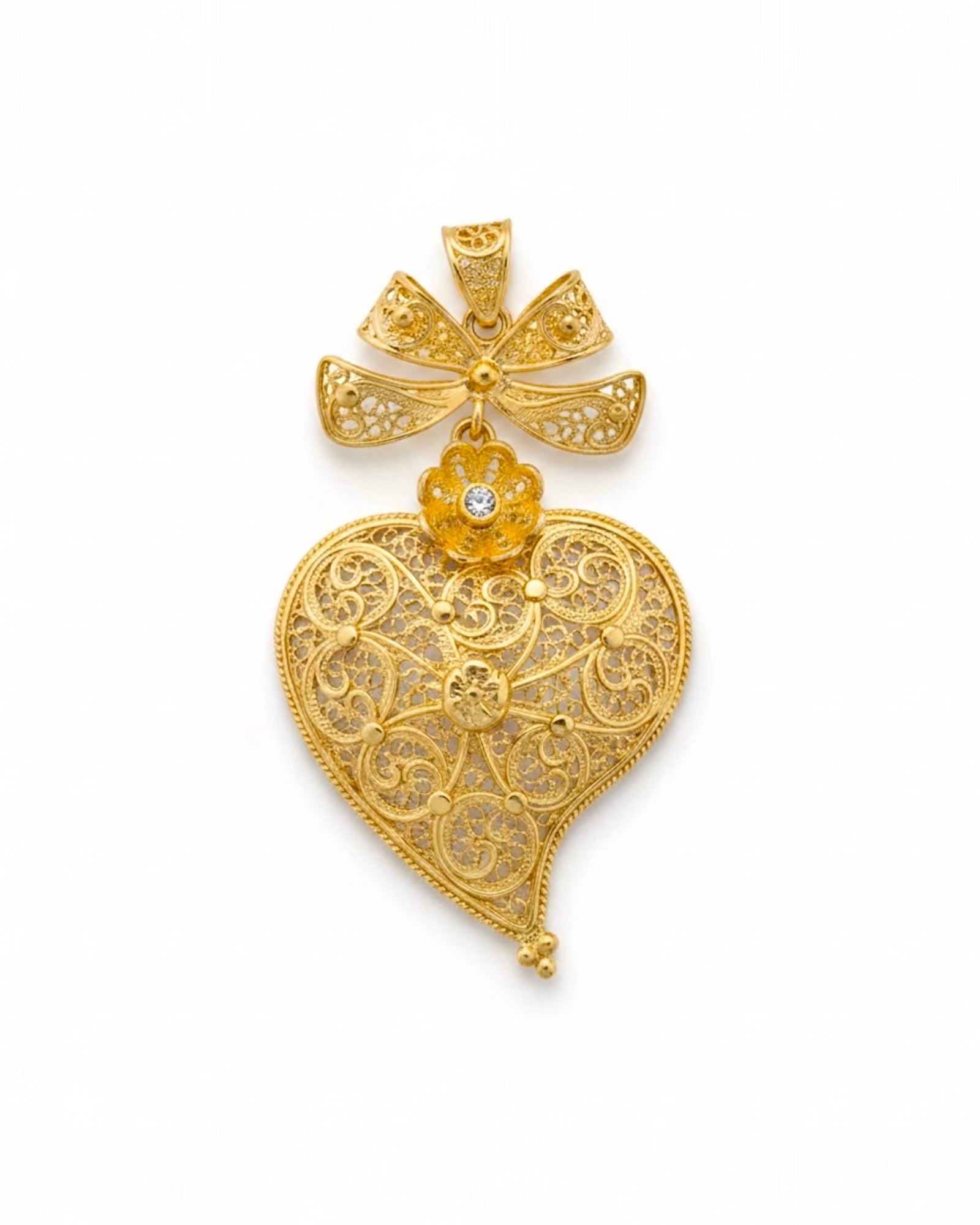 Medalha Coração de Viana com Laço em Prata Dourada - 4.5cm