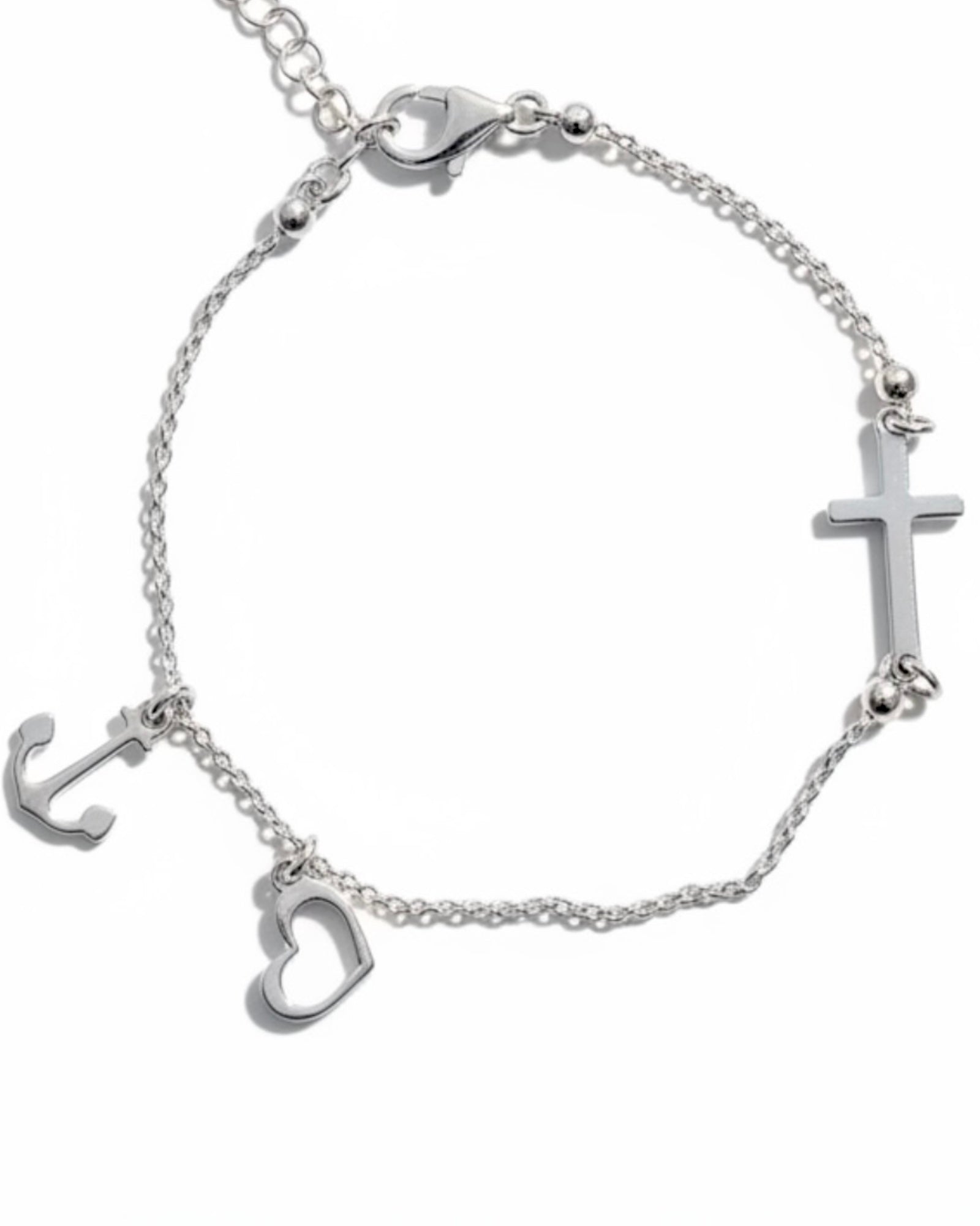 Pulseira Cruz com Âncora e Coração em Prata
