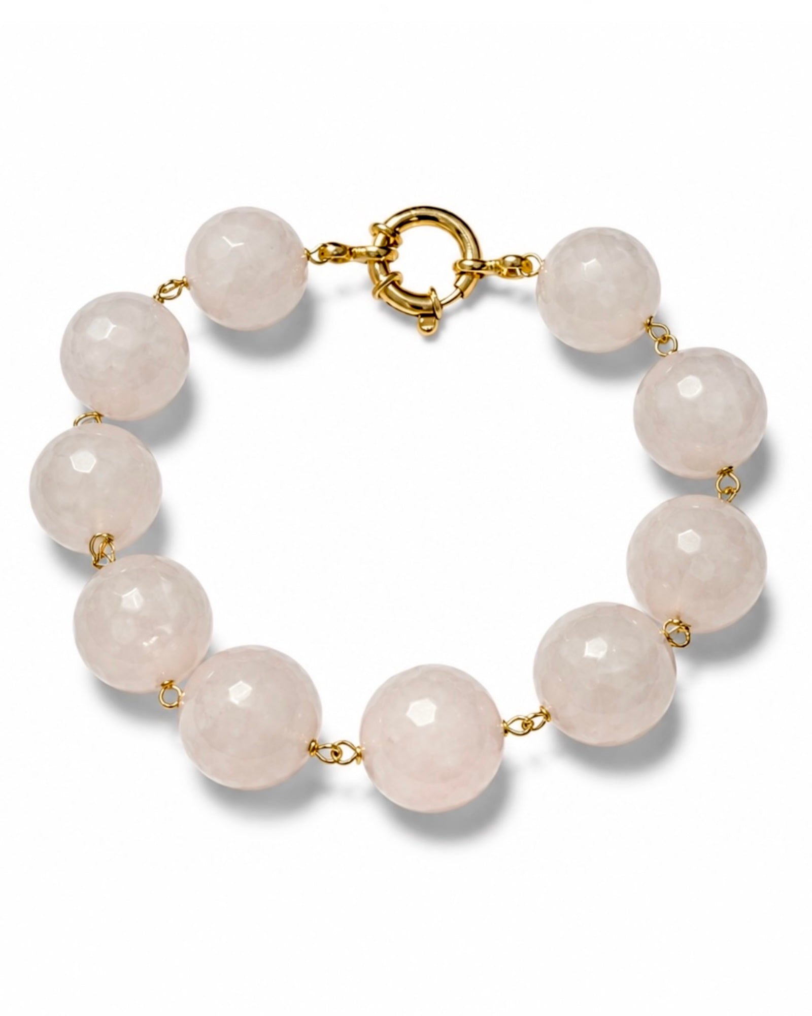Pulseira Pedras Quartzo Rosa em Prata Dourada