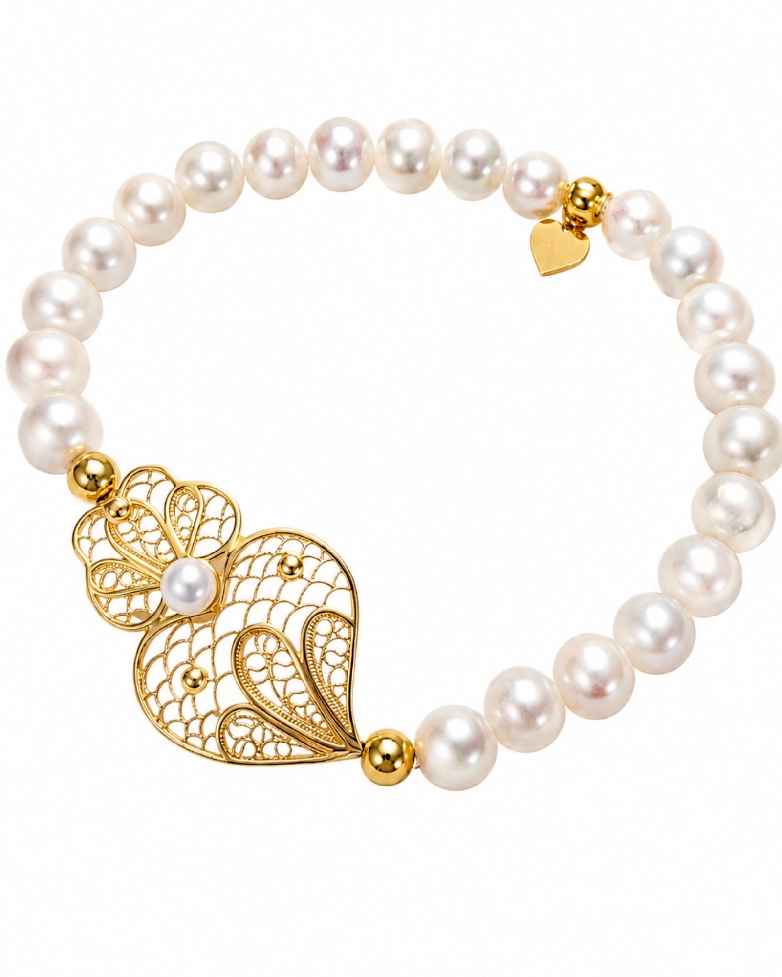 Pulseira de Pérolas com Coração de Viana em Prata Dourada