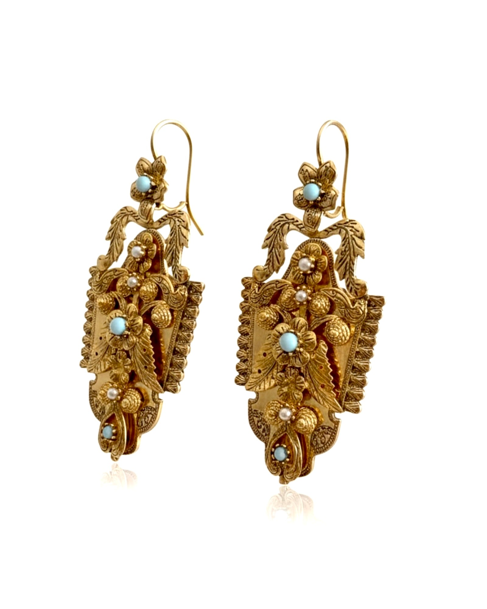 Brincos Gramalheira em Prata Dourada com Pedras Azuis e Brancas