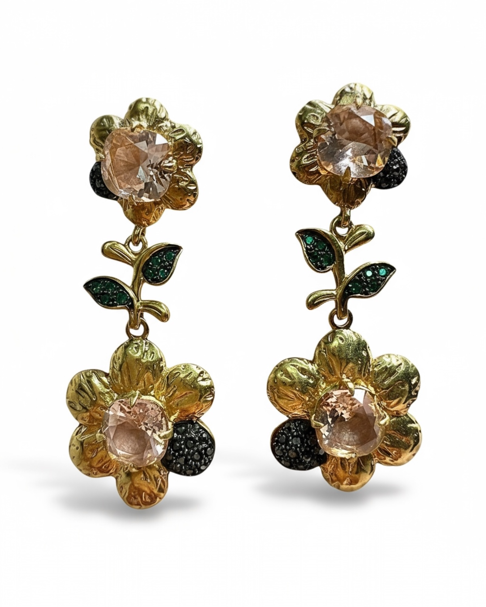 Brincos em Prata Dourada com Flor e Cristal