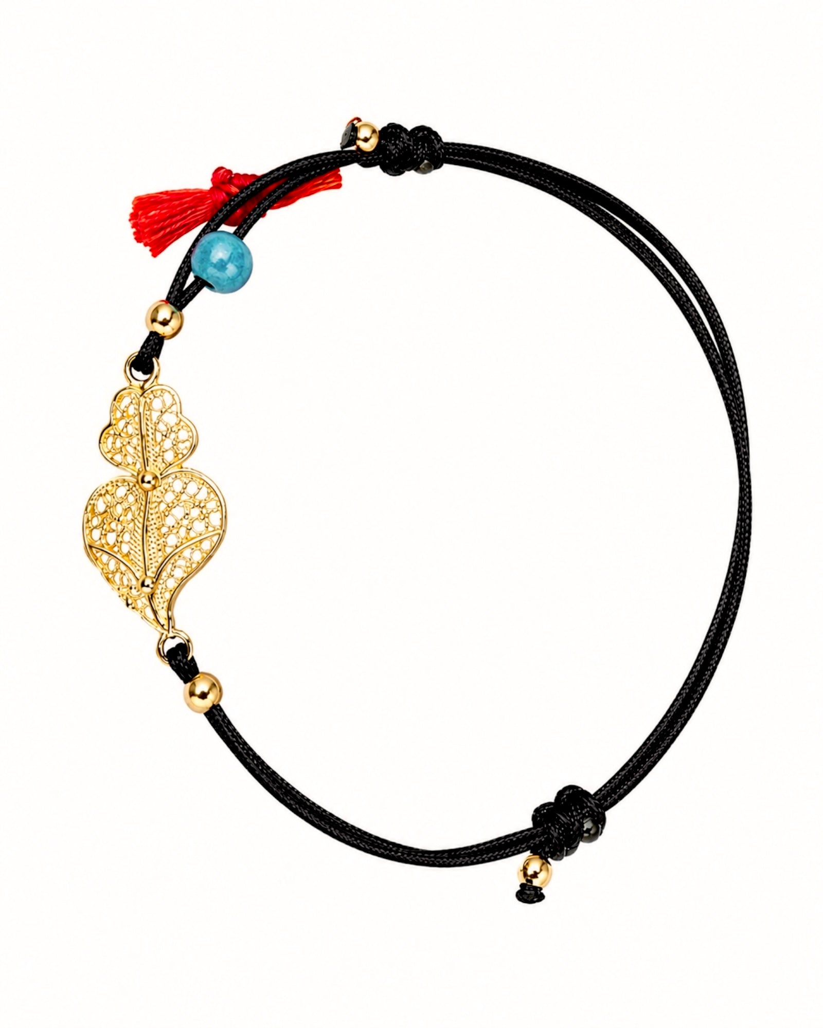 Pulseira de Seda Preta com Coração de Viana em Prata Dourada