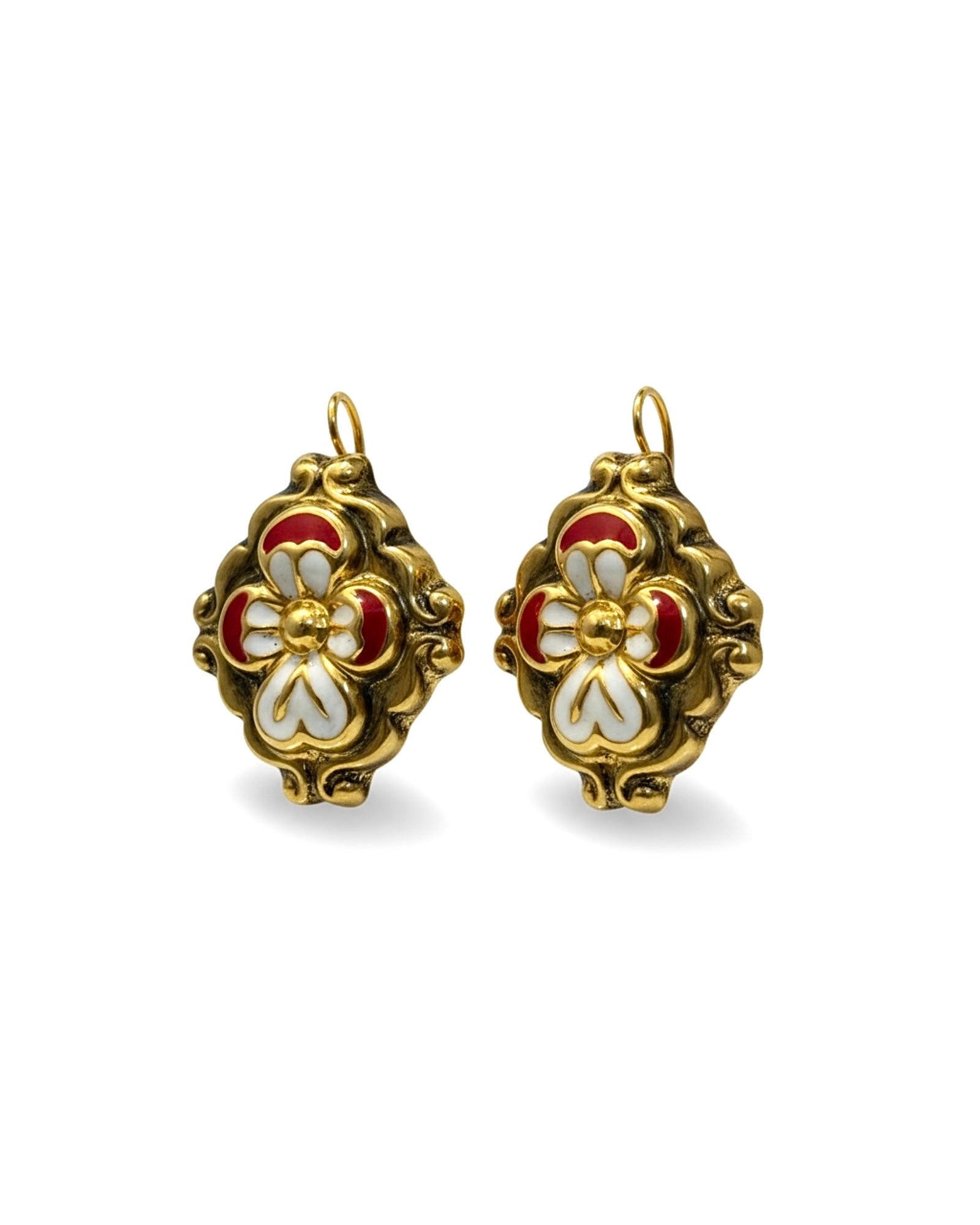 Red Baroque Earrings with Gold-Plated Silver Flowers