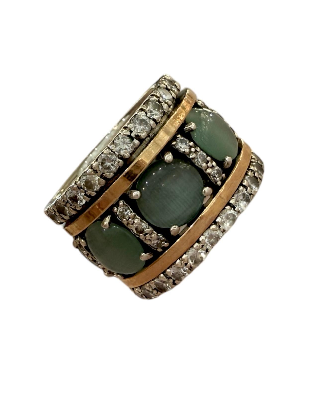Anel Anti-Stress com Pedra Verde em Prata e Ouro