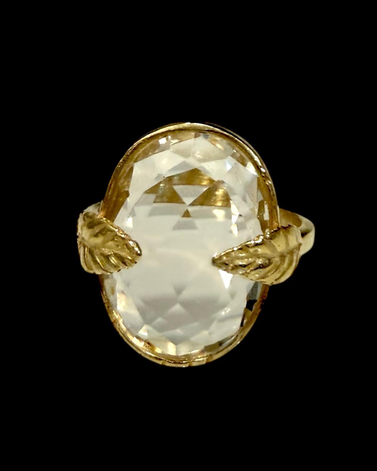 Leaf Ring with Oval Stone in Gold-Plated Silver