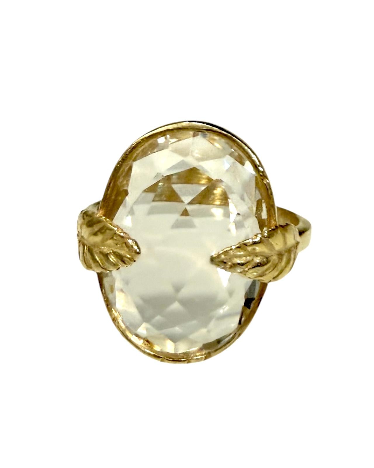 Anel Folhas com Pedra Oval em Prata Dourada