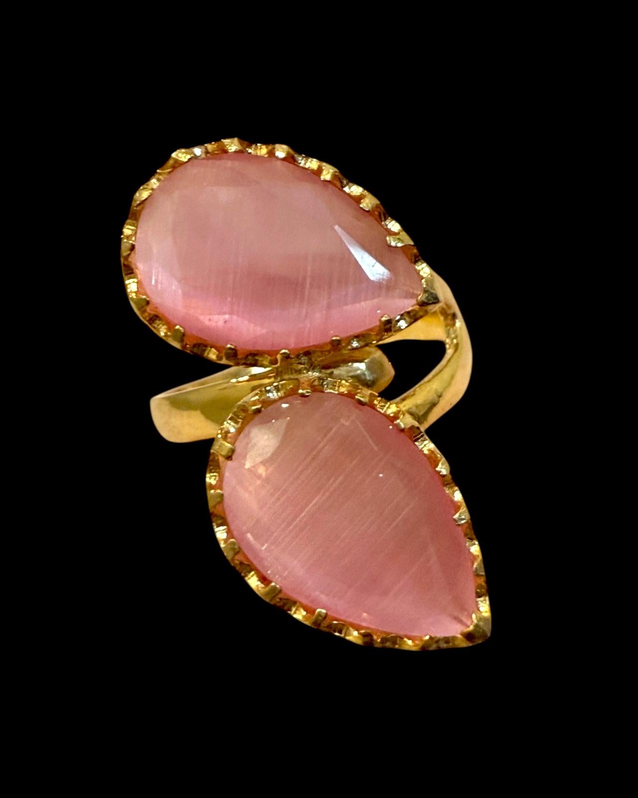Anel Gotas Cor-de-Rosa em Prata Dourada