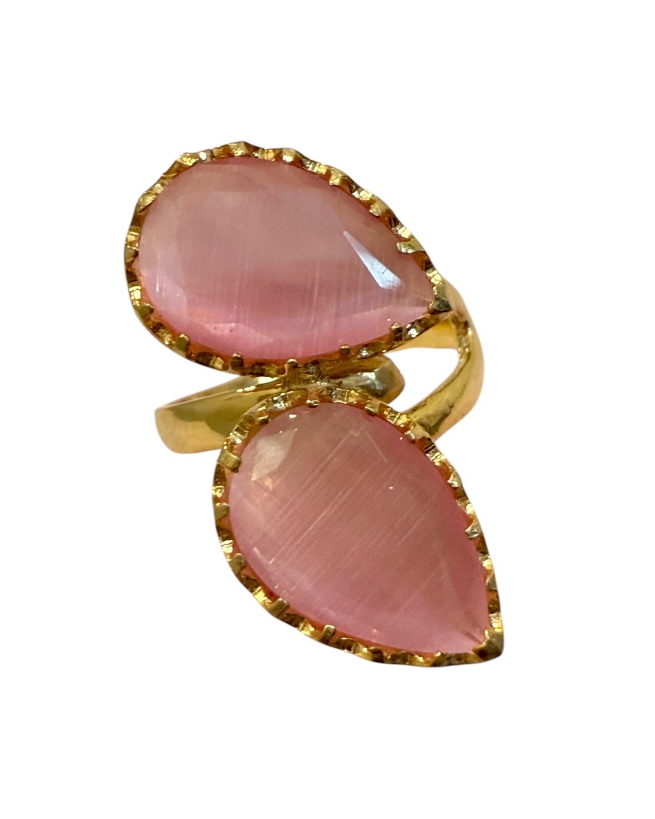 Anel Gotas Cor-de-Rosa em Prata Dourada