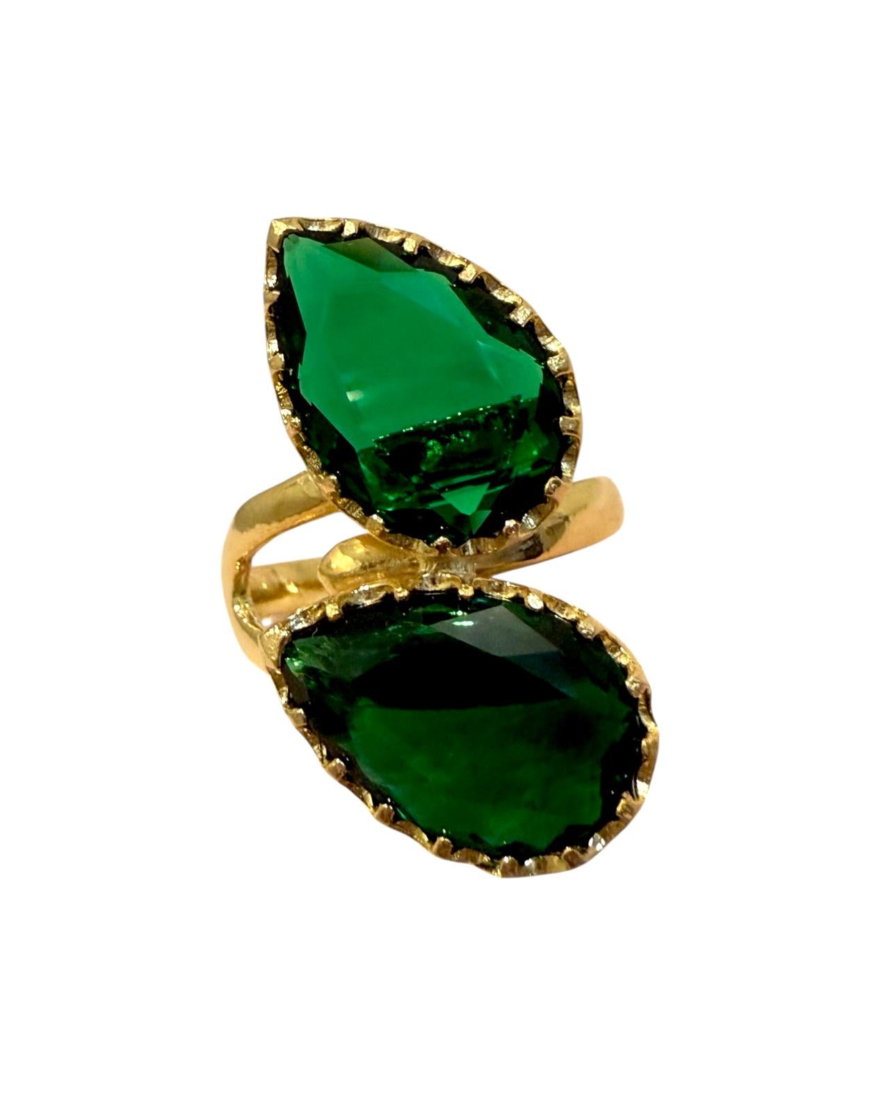 Anel Gotas Verdes em Prata Dourada