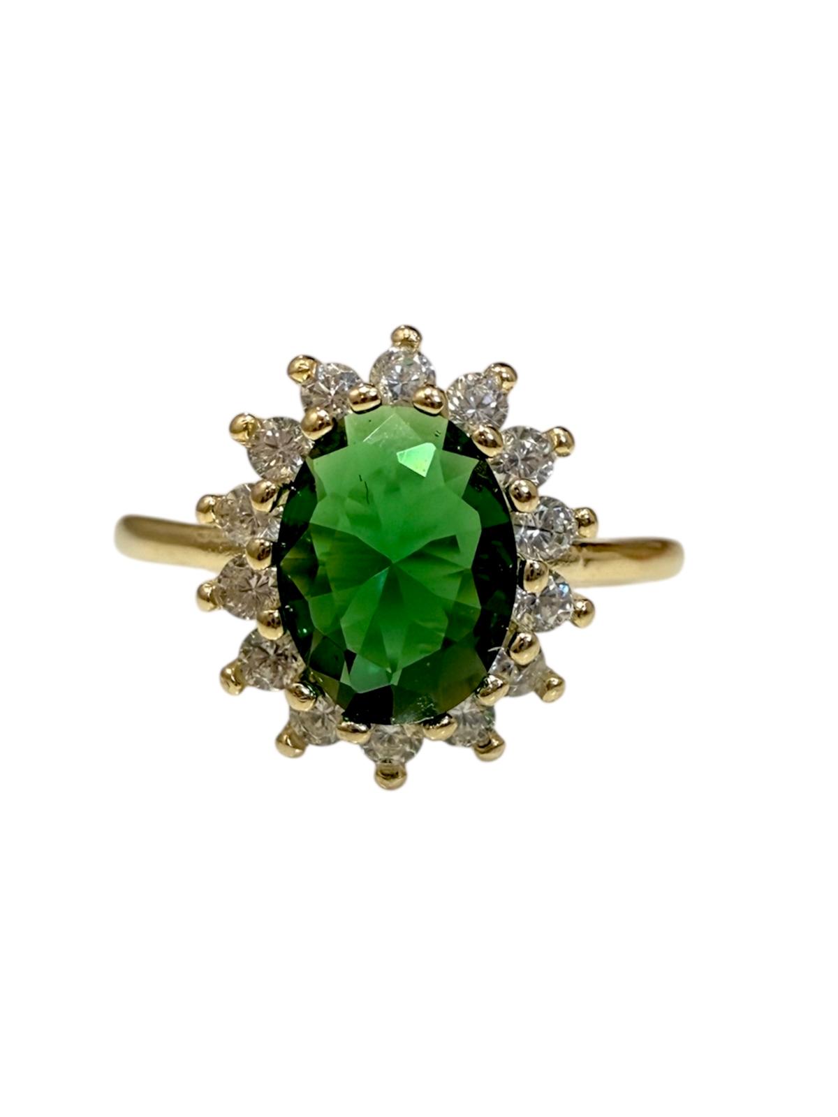 Anel Lady Di – Prata Dourada com Pedra Verde
