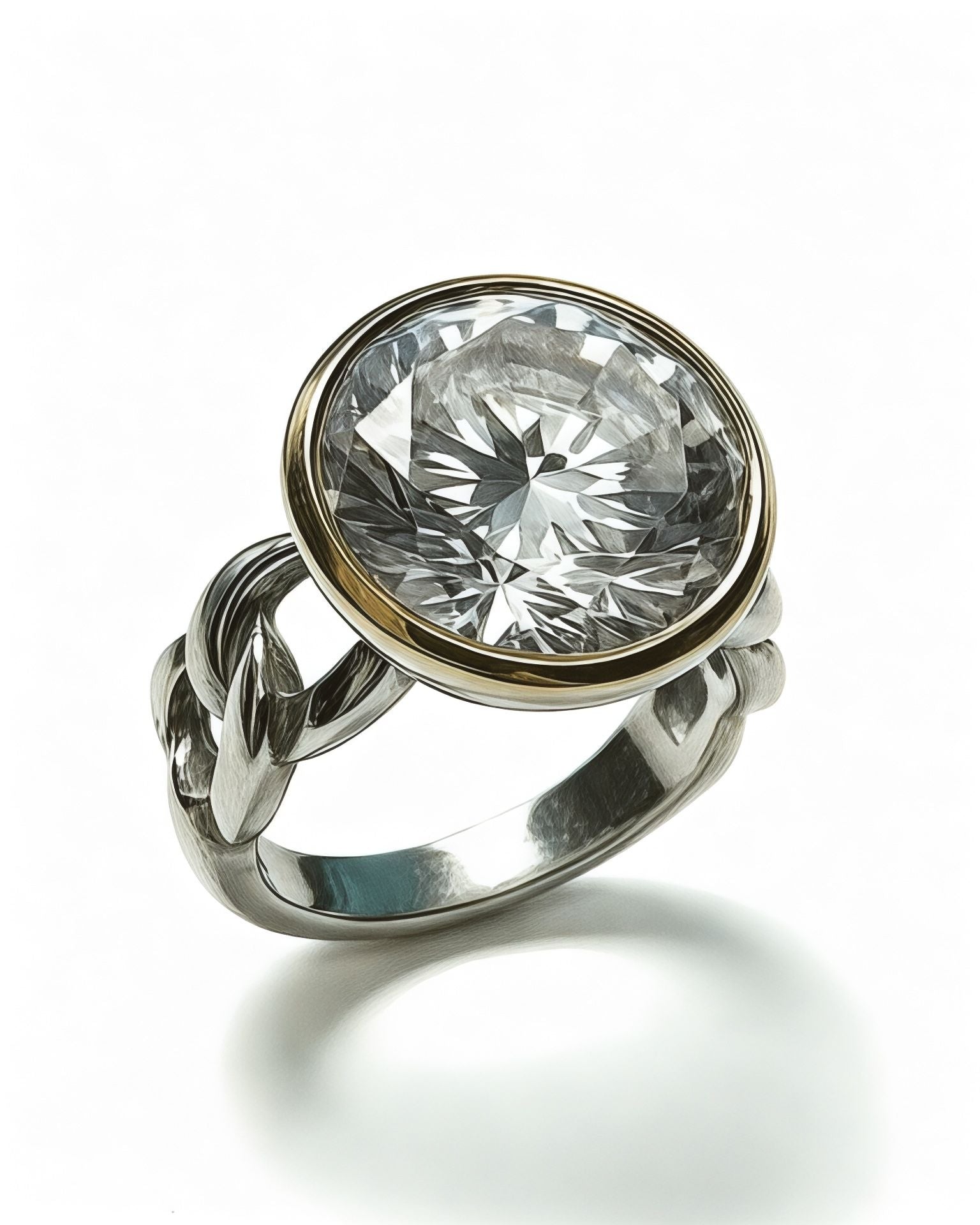 Silver and gold ring with a round center stone.