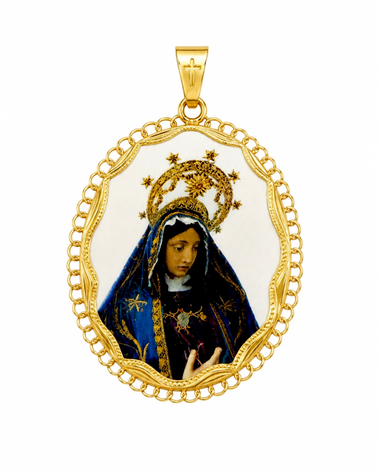 Medalha Nossa Senhora da Agonia em Prata Dourada com Esmalte