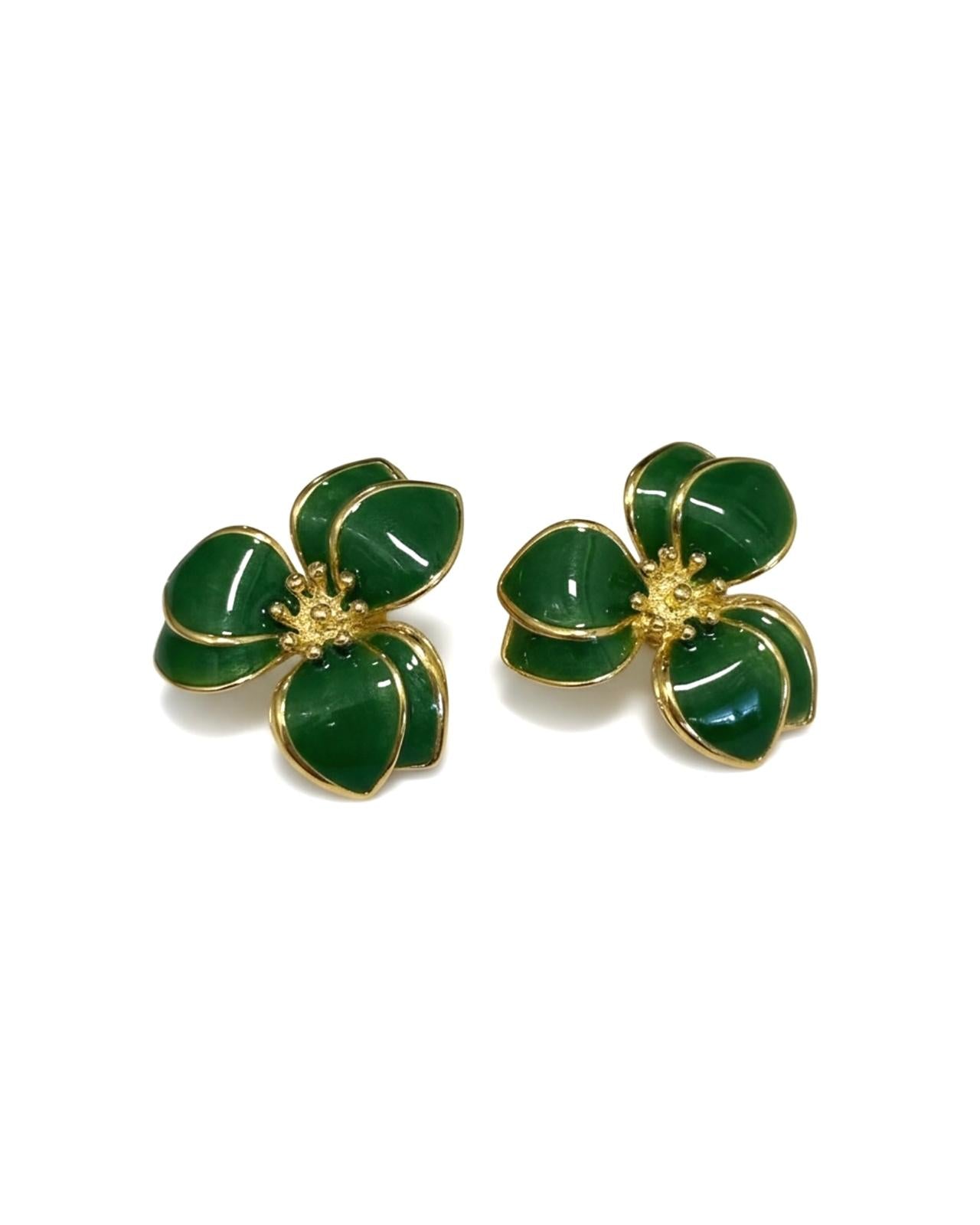 Brincos Flor Verde em Prata Dourada