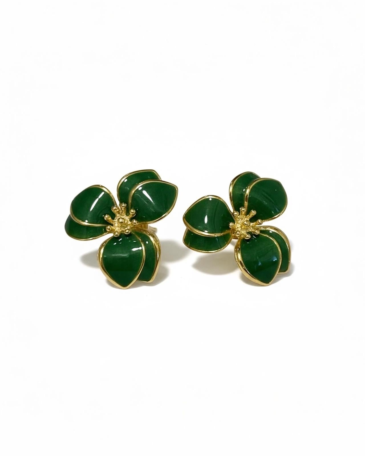 Brincos Flor Verde em Prata Dourada