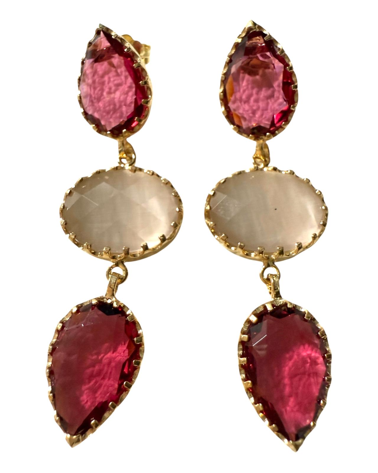 Brincos Gotas Brancas e Rosa em Prata Dourada