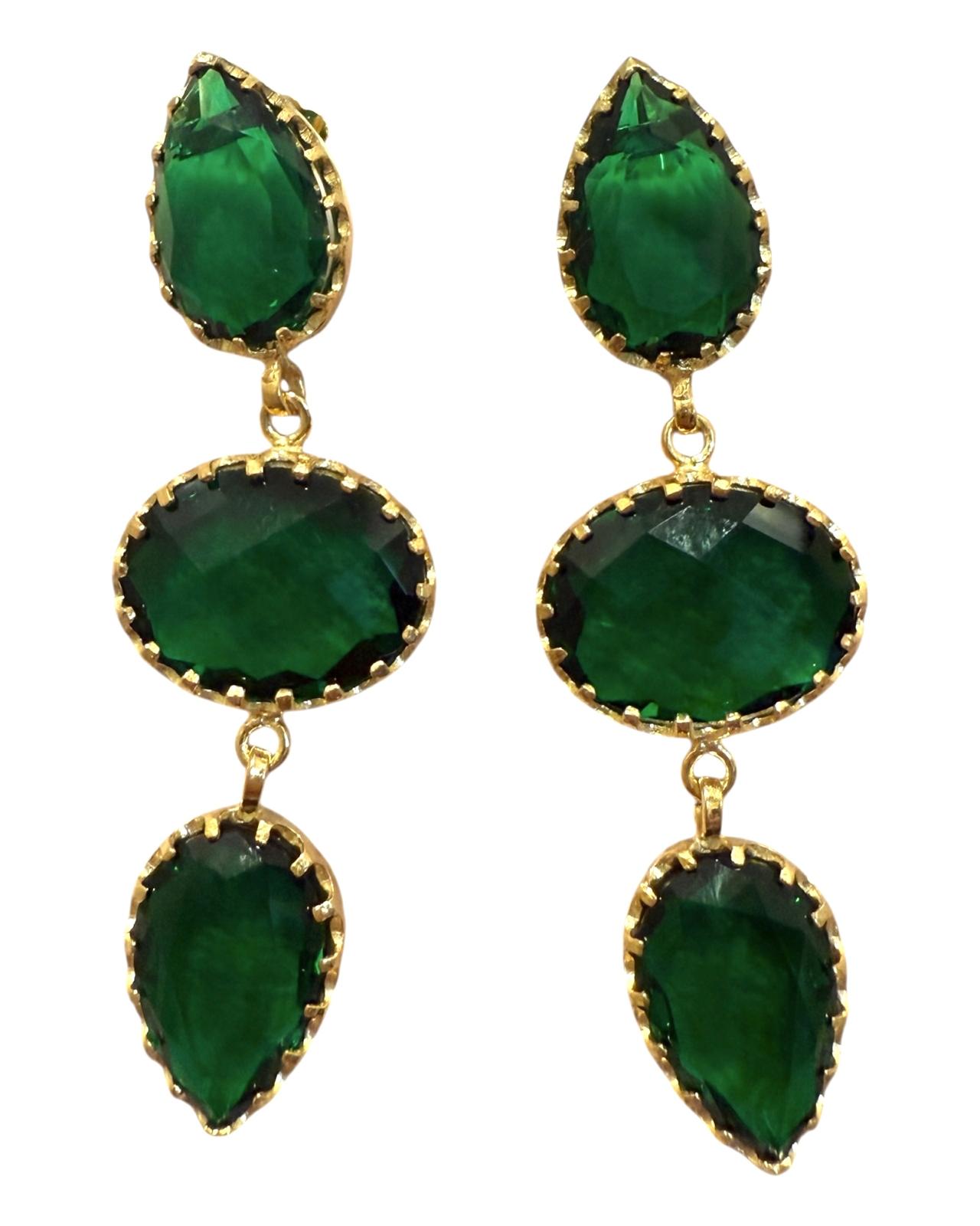 Brincos Gotas Verdes em Prata Dourada