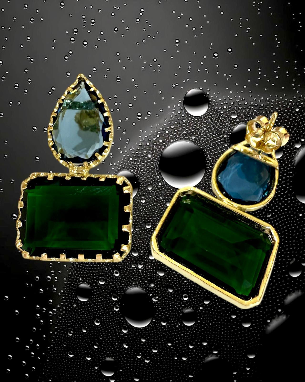 Earrings with Blue and Green Stones in Gold-Plated Silver