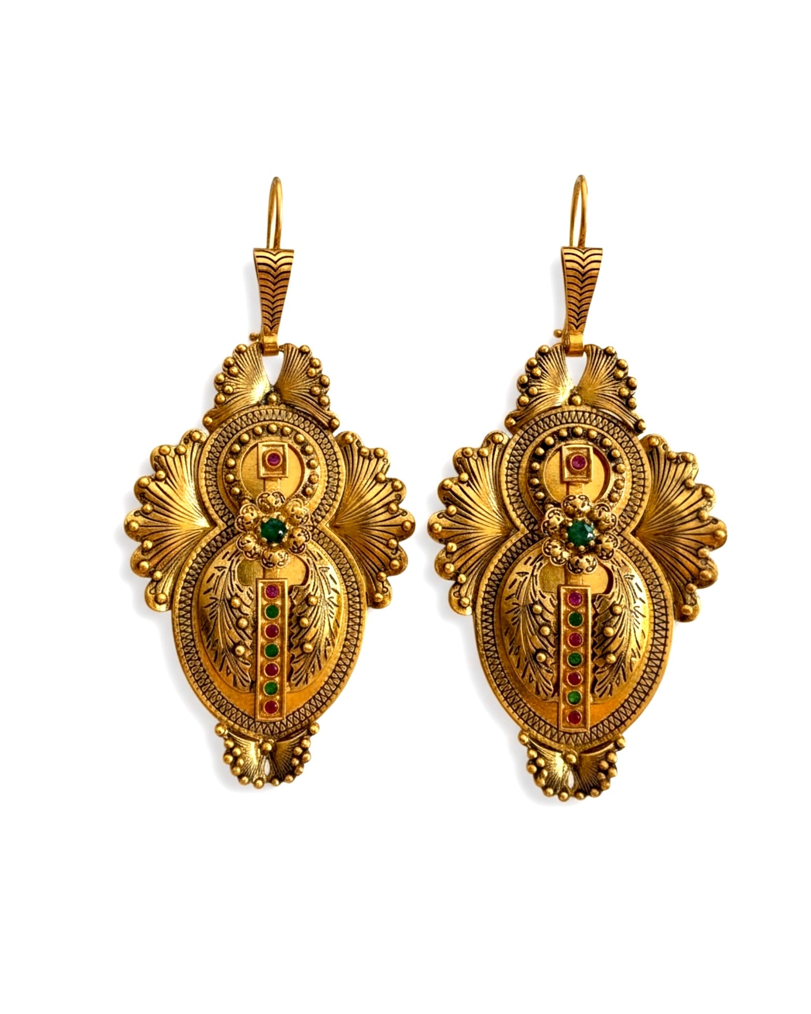 Brincos Gramalheira em Prata Dourada com Pedras Verdes e Vermelhas