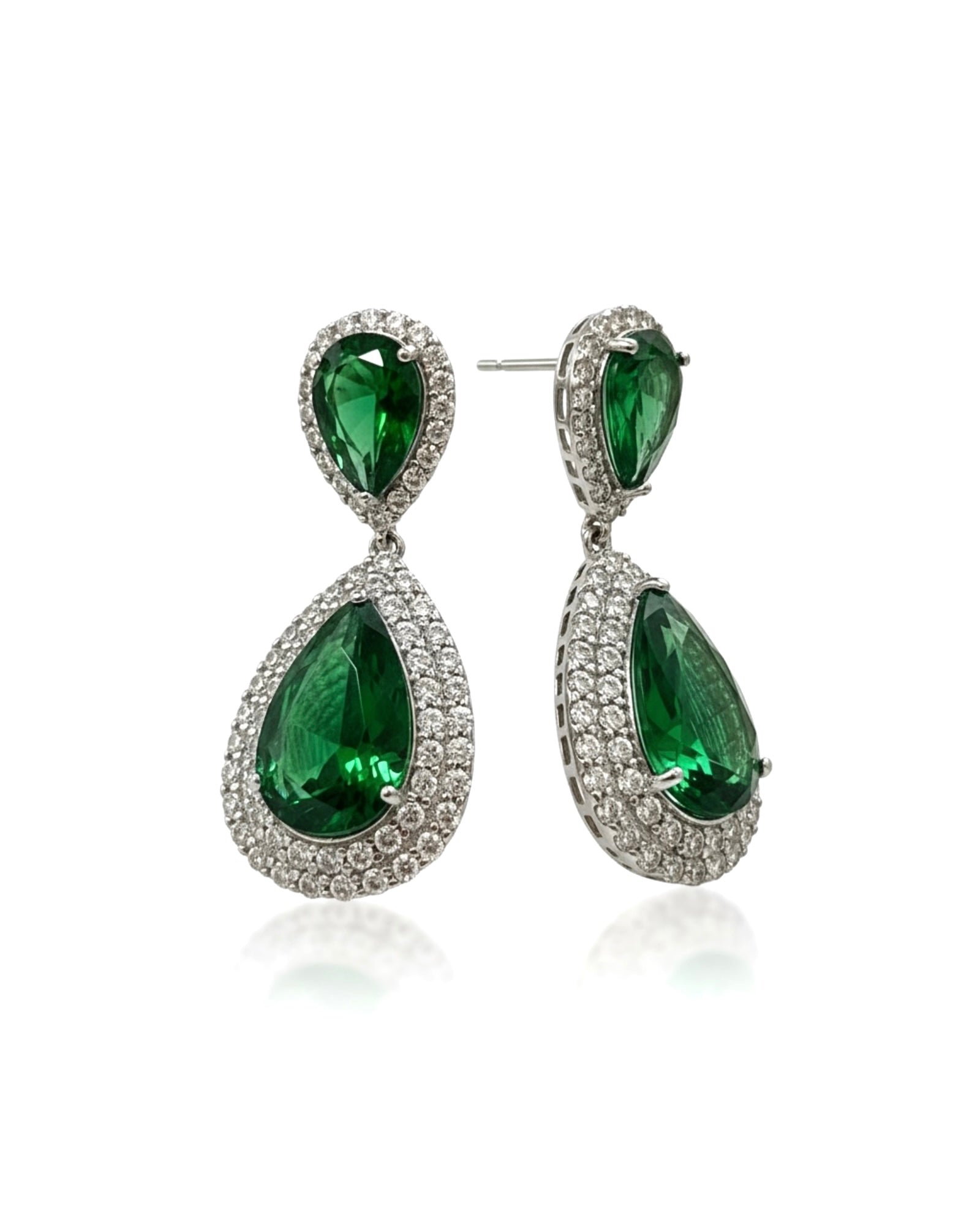 Teardrop Earrings with Green Stones in Silver