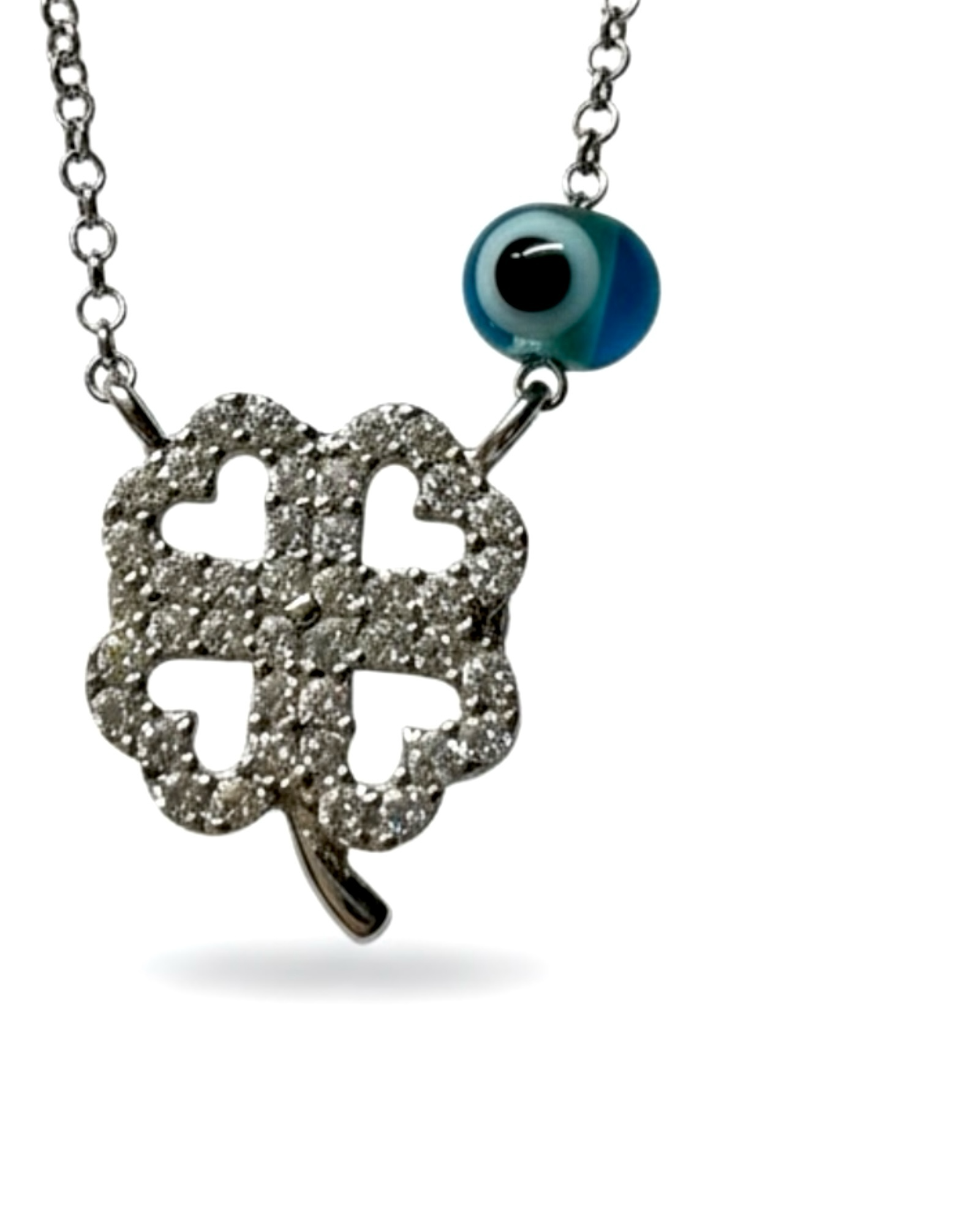 Silver Clover and Lucky Eye Necklace