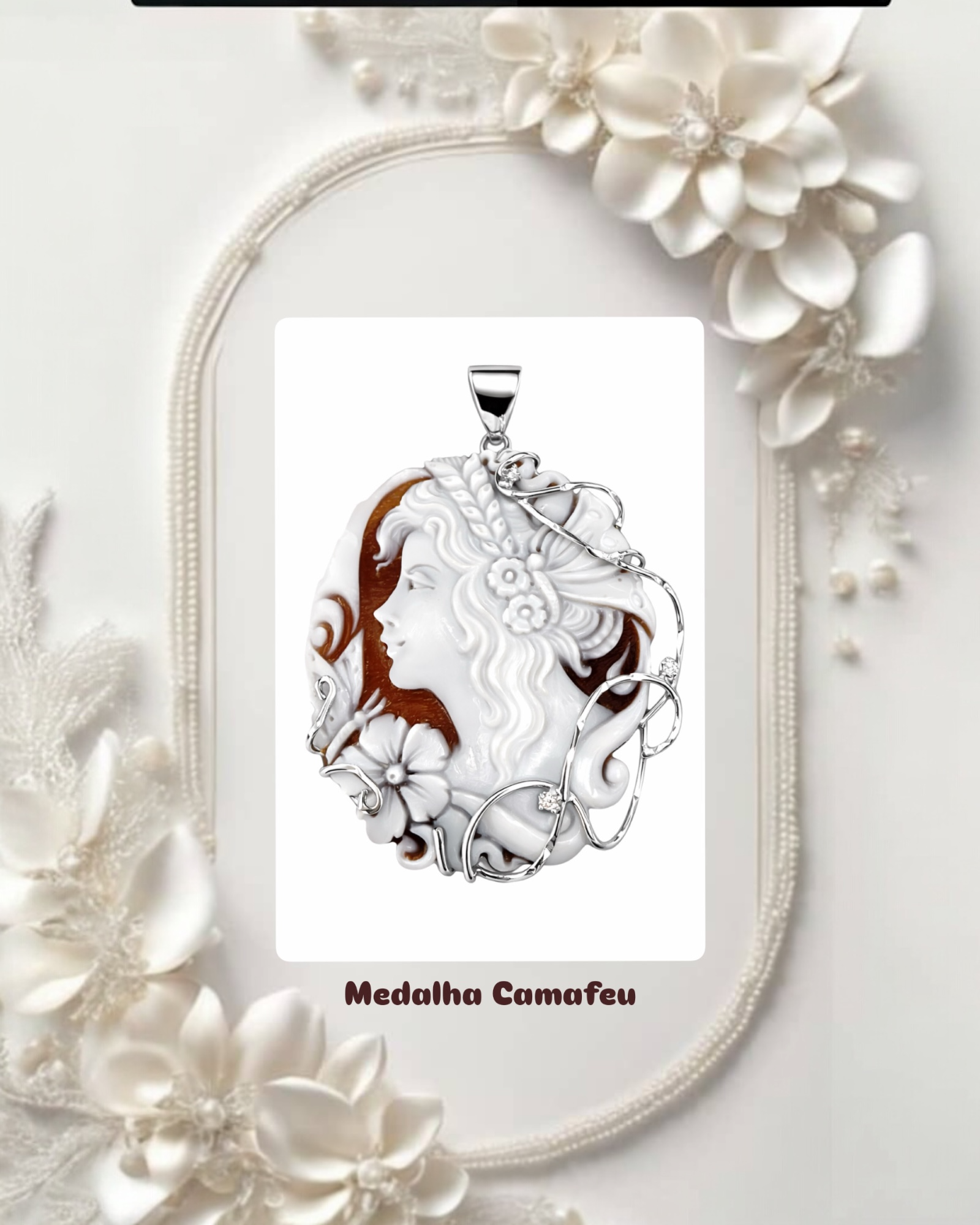 Medalha Camafeu com Brilhos em Prata