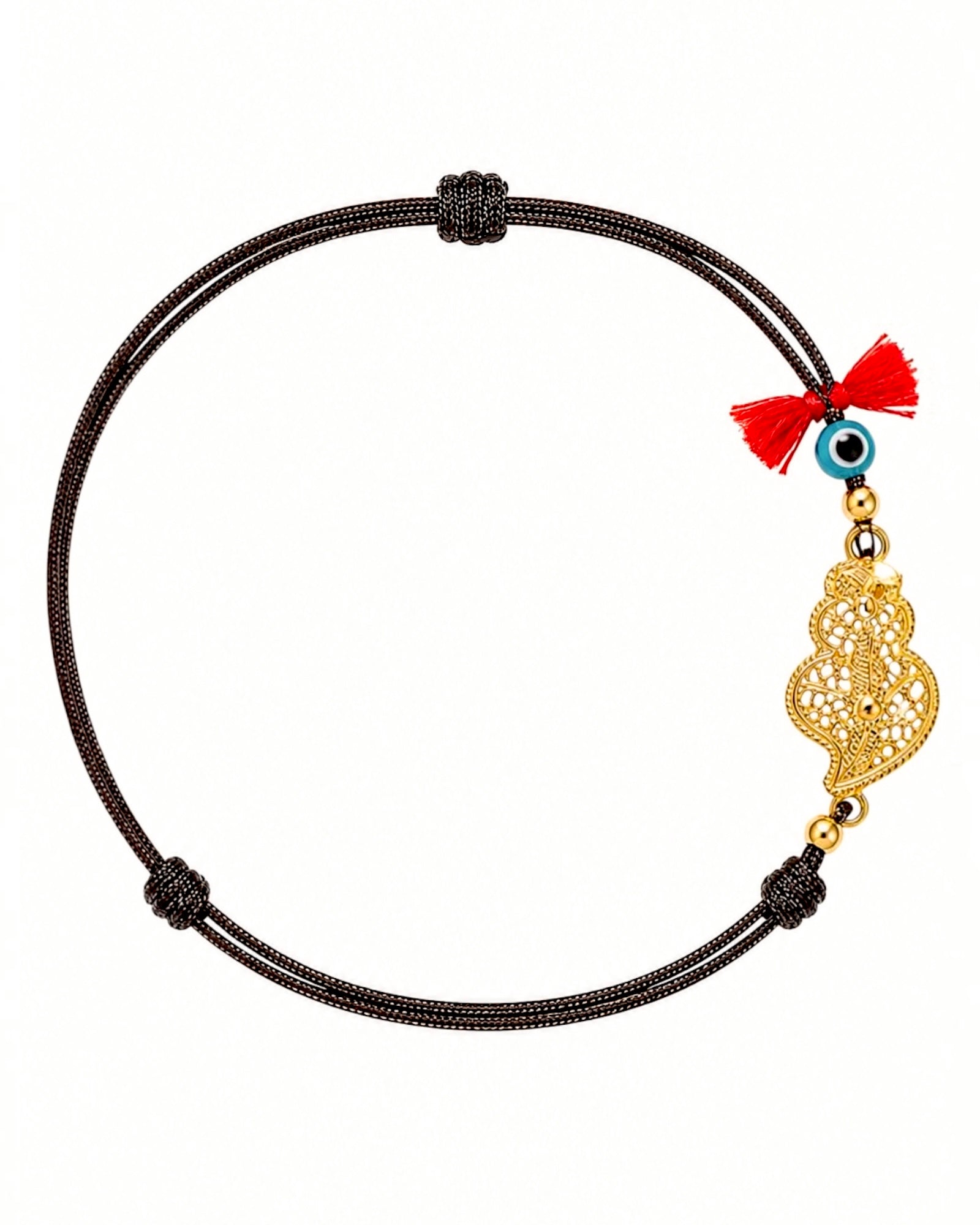 Pulseira Seda Castanha com Coração de Viana em Prata Dourada