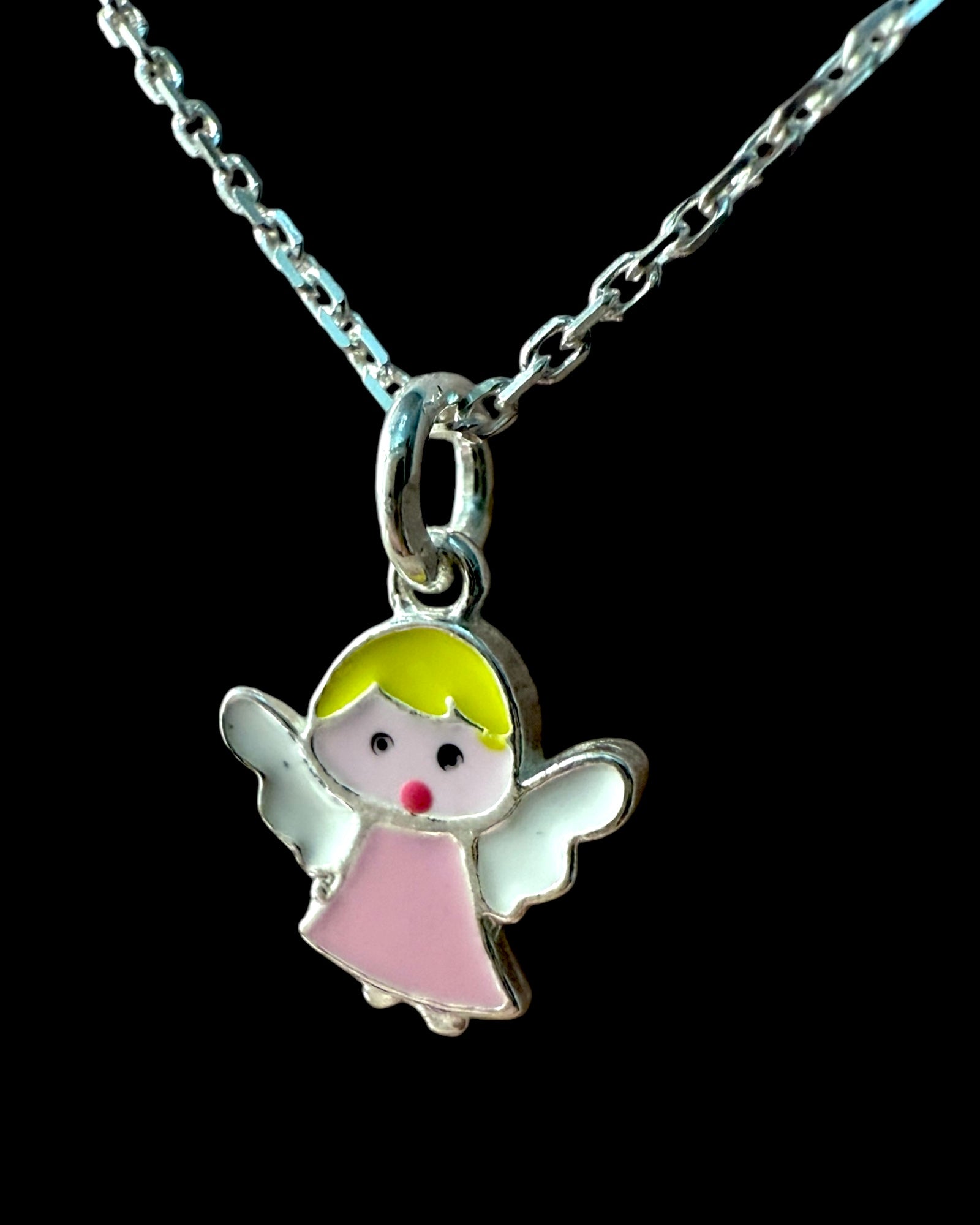 Colar com Anjo Cor-de-Rosa de Criança em Prata