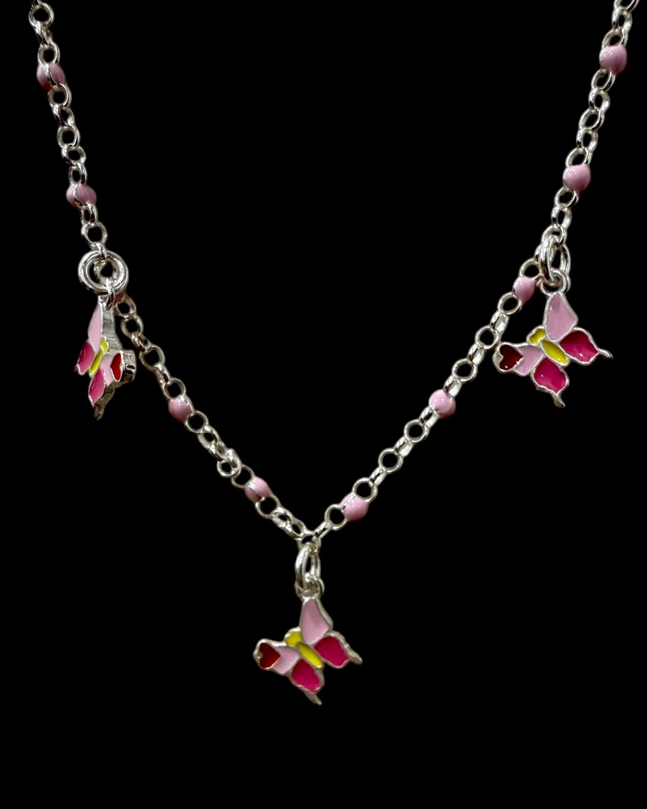 Colar com Borboleta Cor-de-Rosa de Criança em Prata