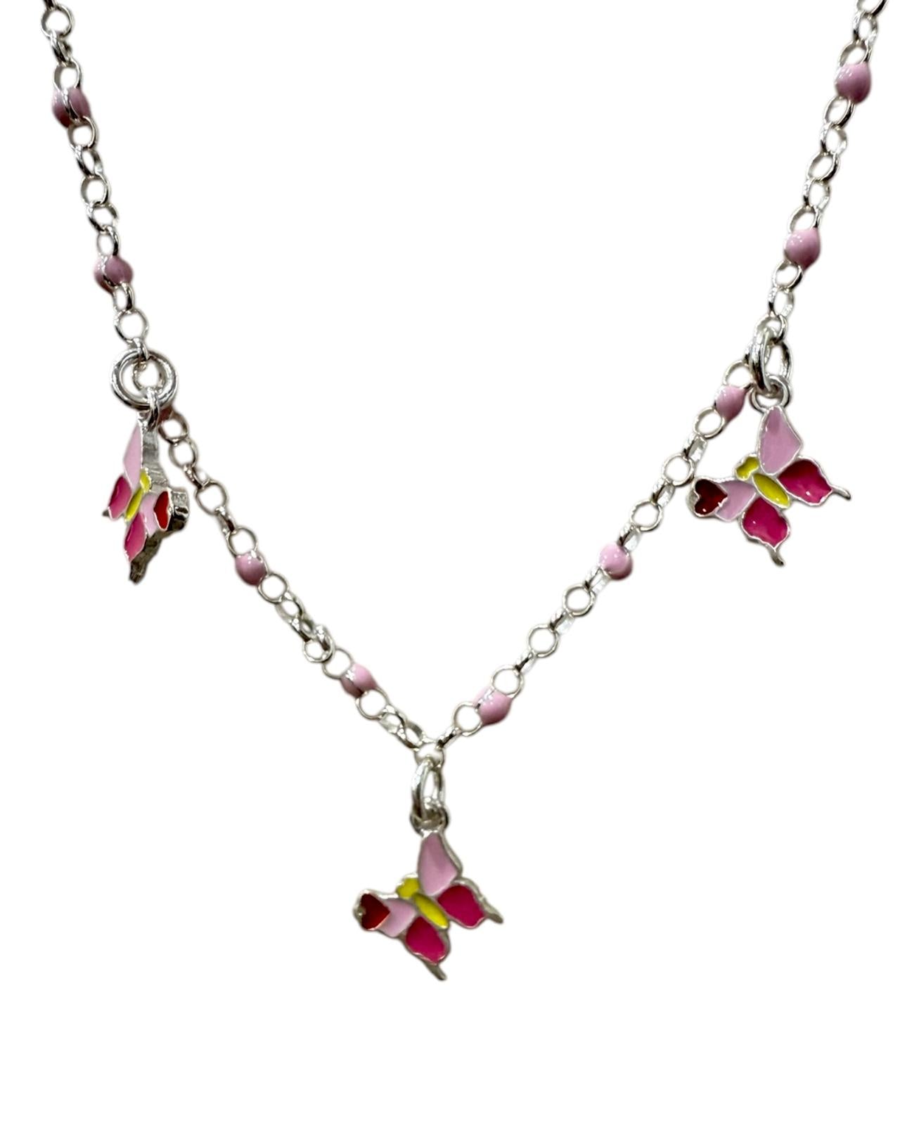 Colar com Borboleta Cor-de-Rosa de Criança em Prata 925%, design delicado com borboleta, simbolizando alegria e encanto.