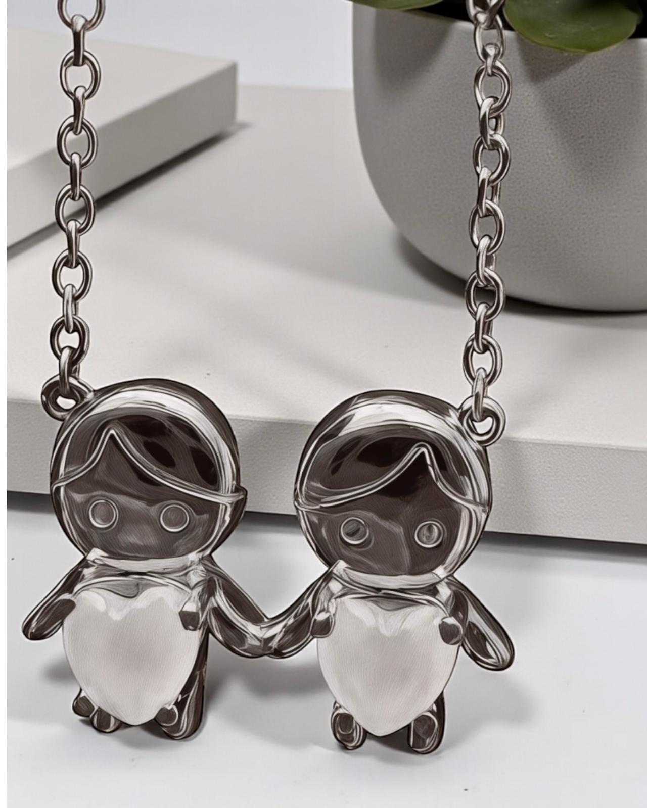 Necklace with Two Boys in Silver with White Hearts