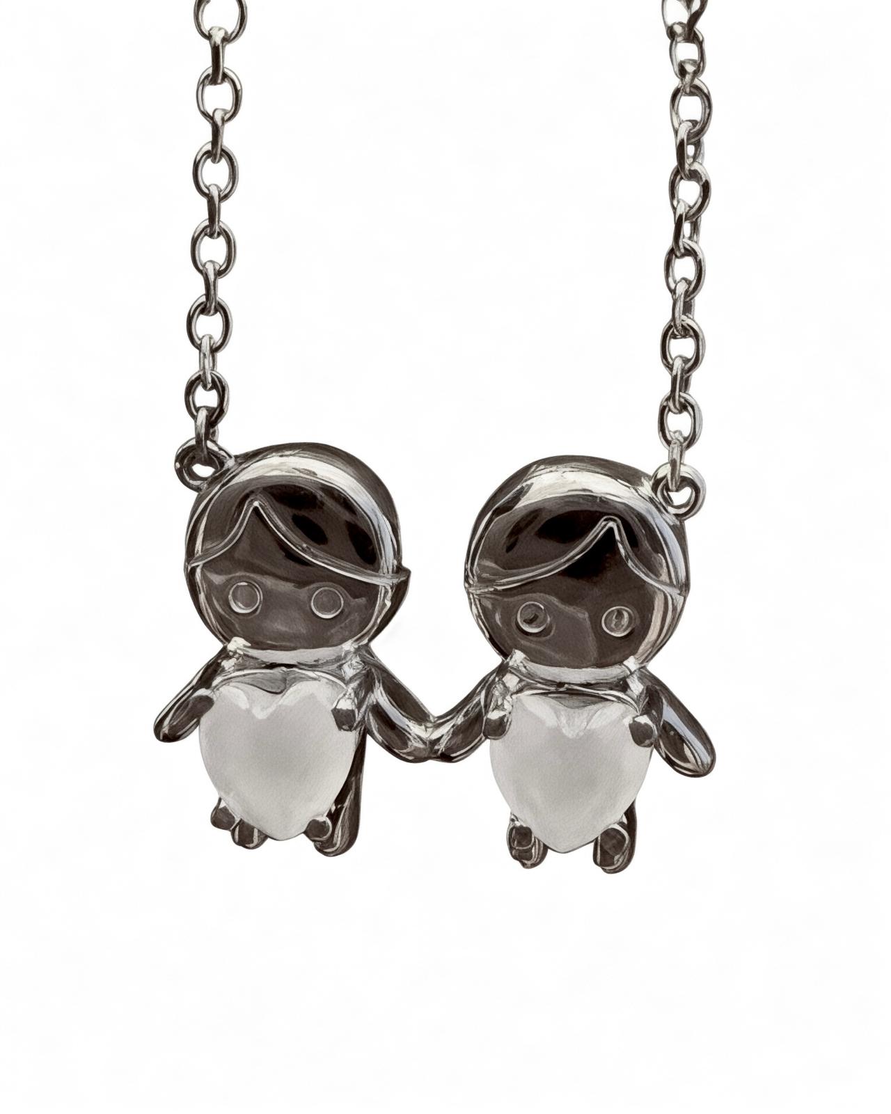 Necklace with Two Boys in Silver with White Hearts