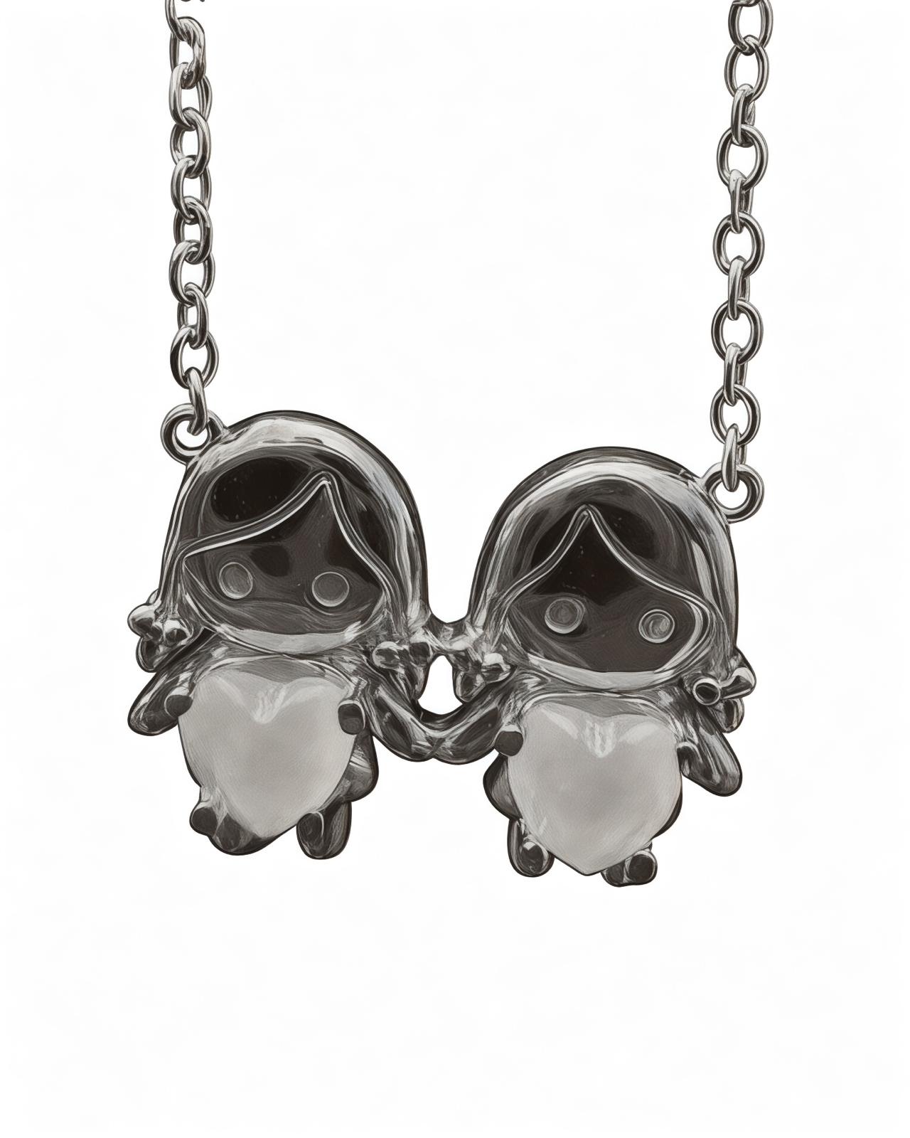 Necklace with Two Girls in Silver with White Hearts