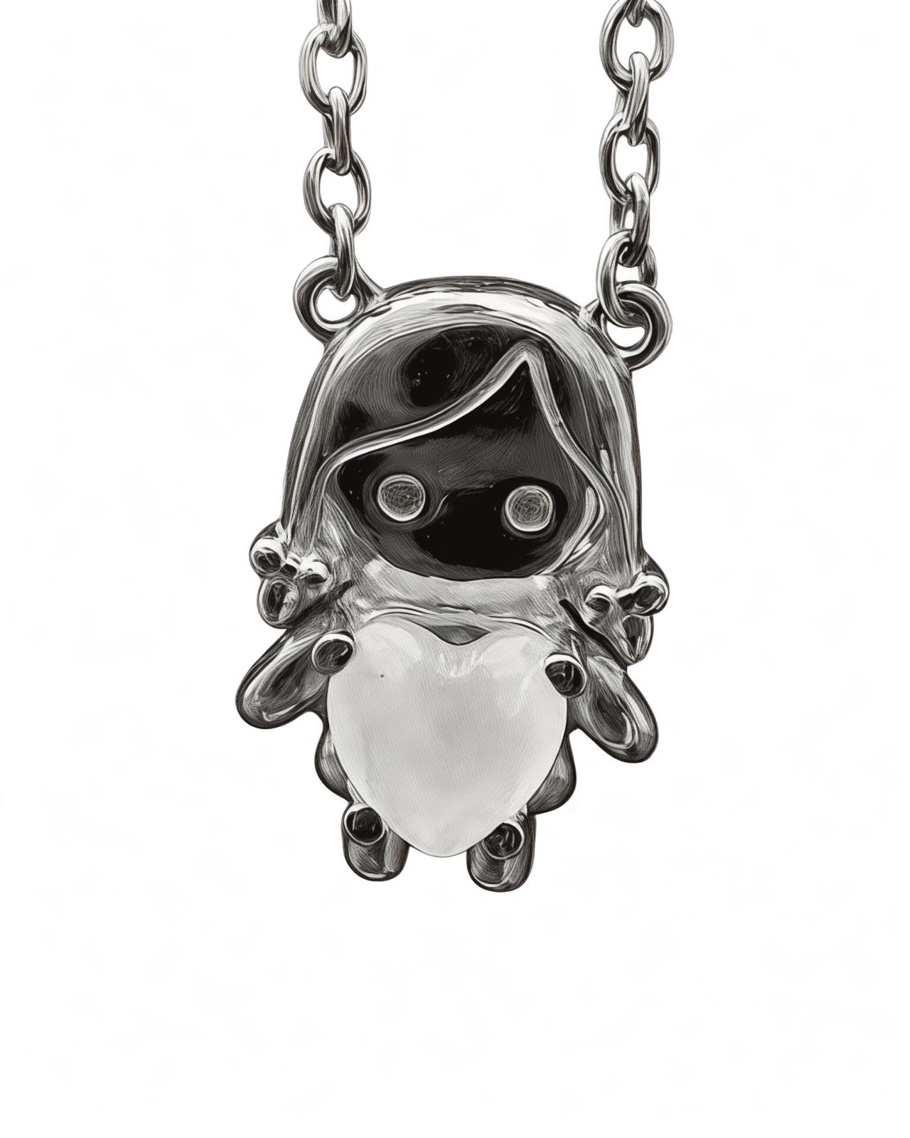 Silver necklace with a girl figure and a white heart.