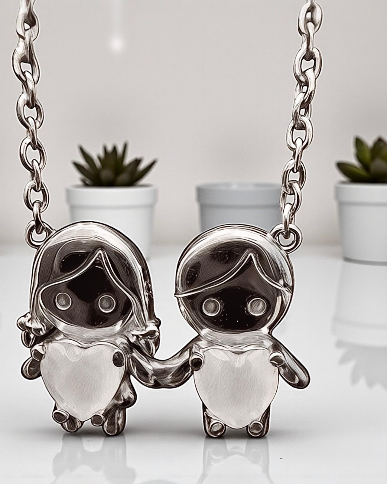 Necklace with Boy and Girl in Silver with White Hearts