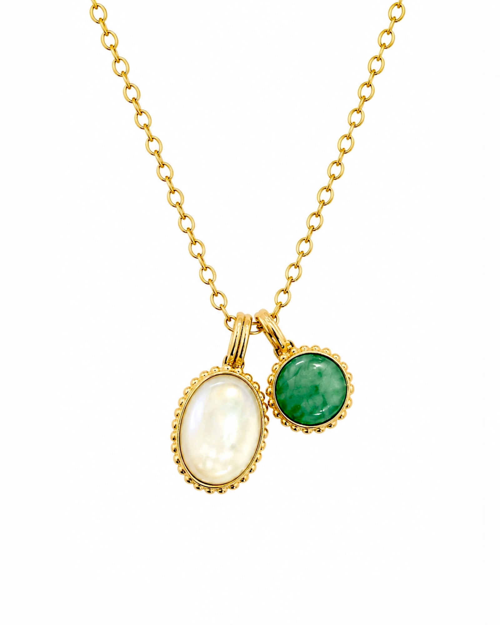 Colar em Prata Dourada com Madrepérola e Pedra Verde