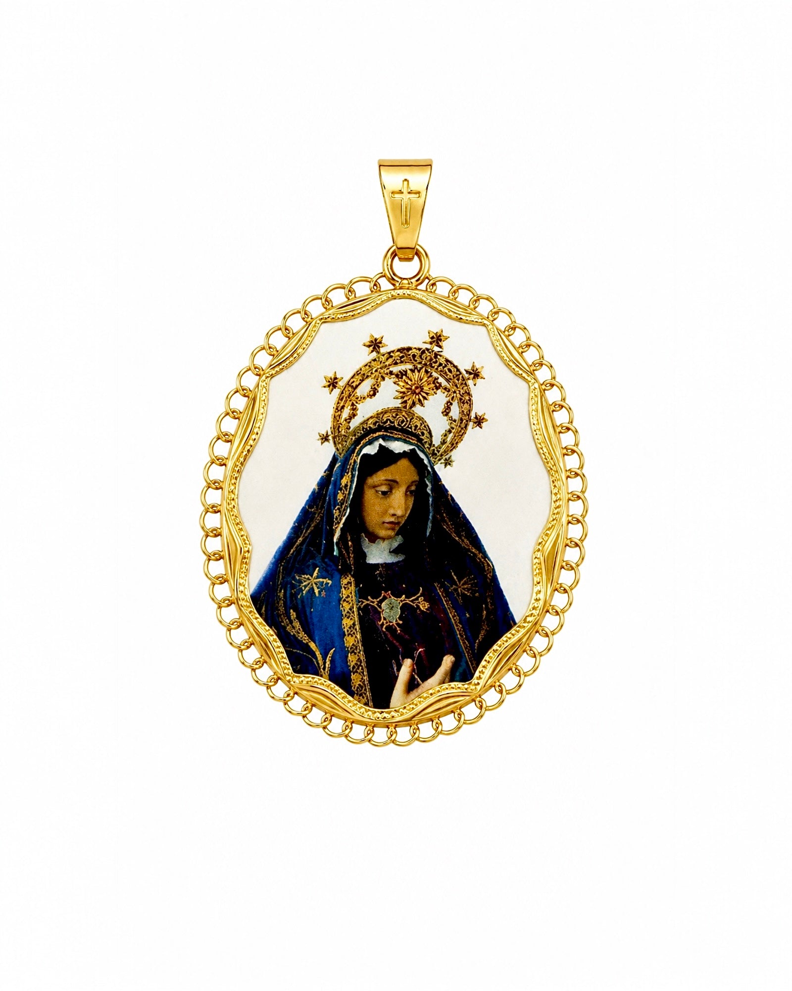 Medalha Nossa Senhora da Agonia em Prata Dourada com Esmalte
