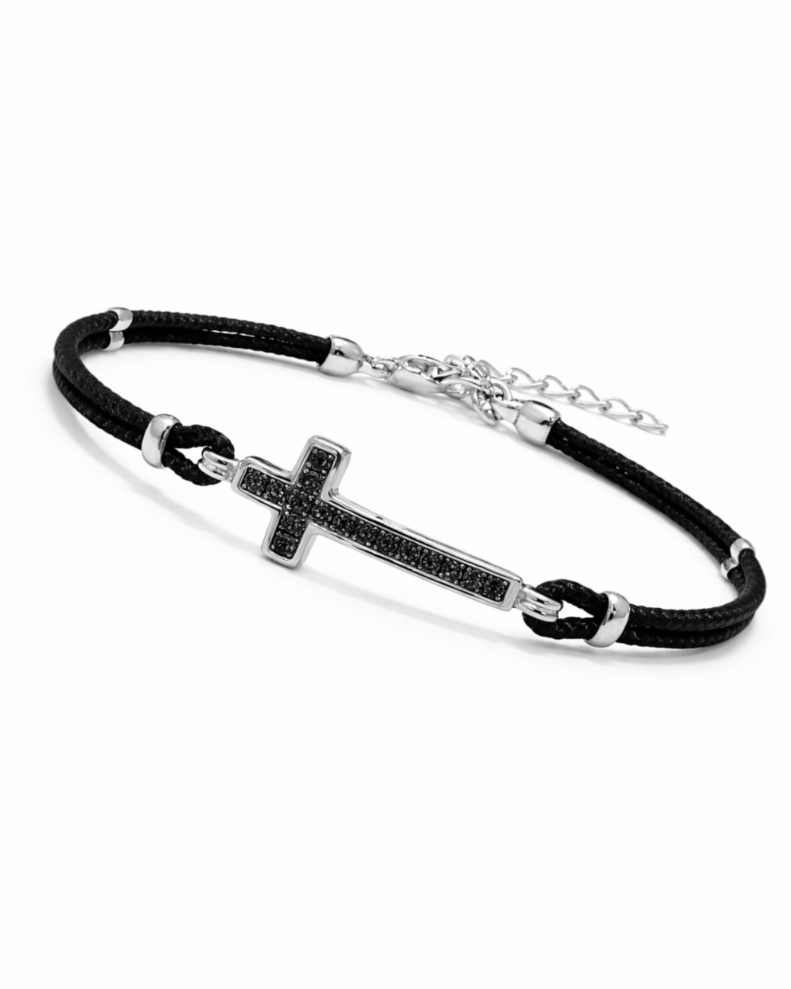 Bracelet with Cross and Black Stones in Silver