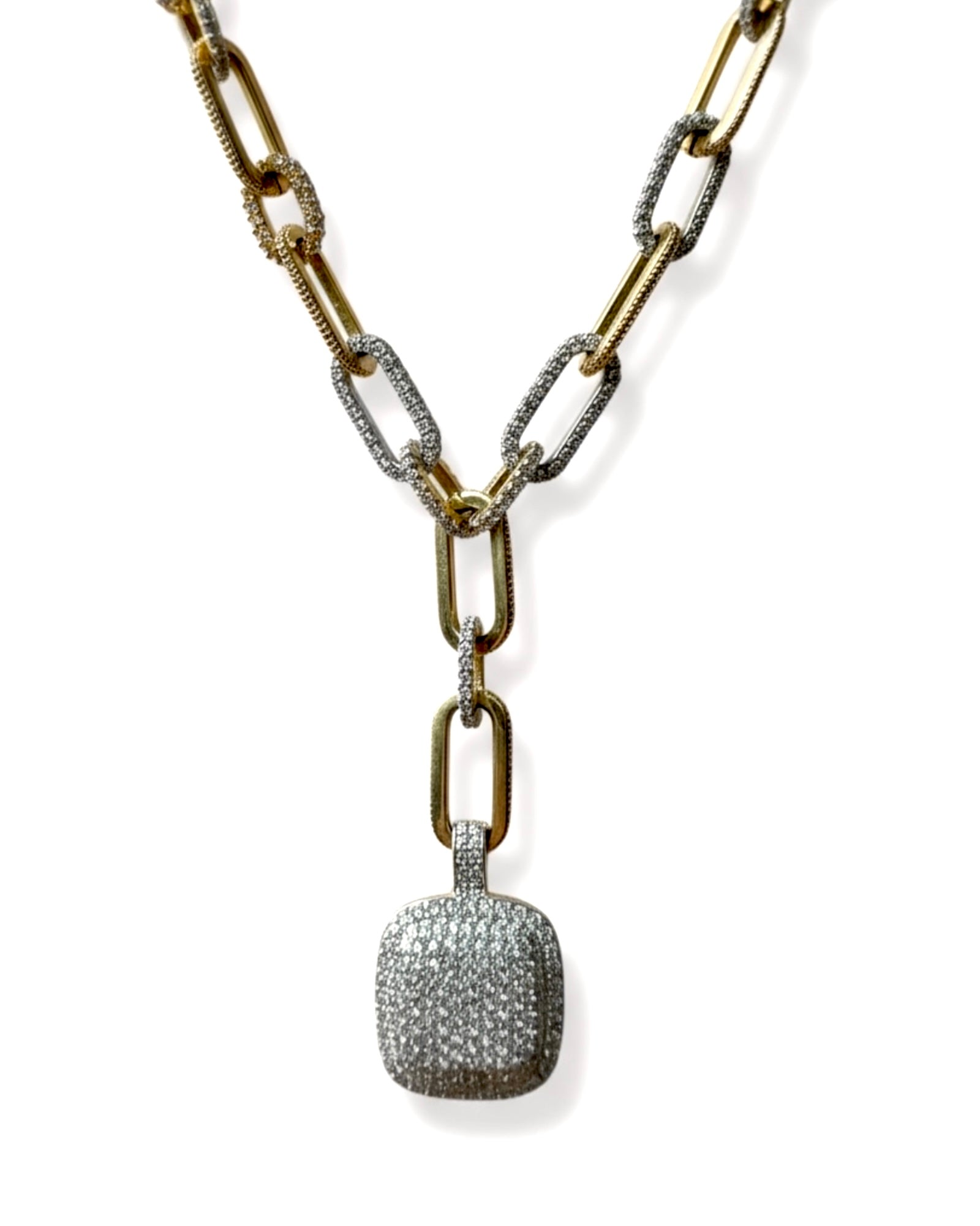 Colar Corrente Luxo com Pendente Brilhante em Prata Dourada